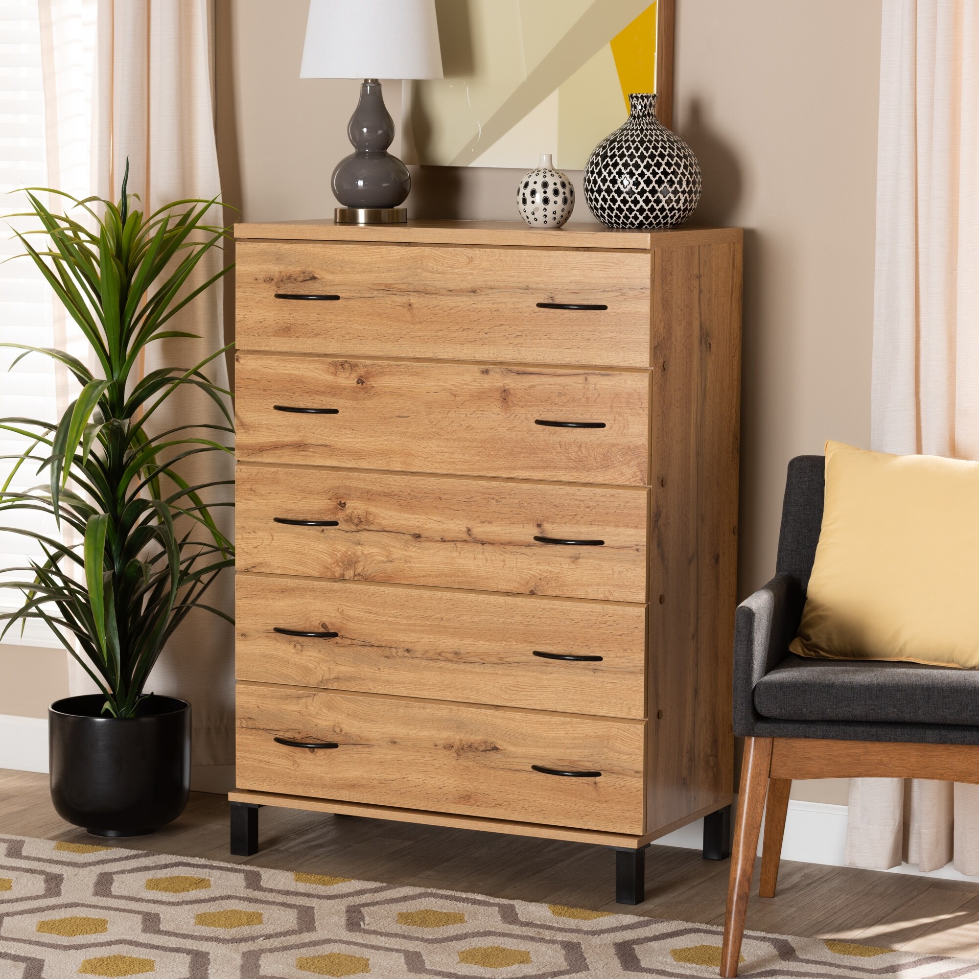 Maison Modern Oak Brown Finished Wood 5-Drawer Storage Chest - - 33914383 - Mycitystee