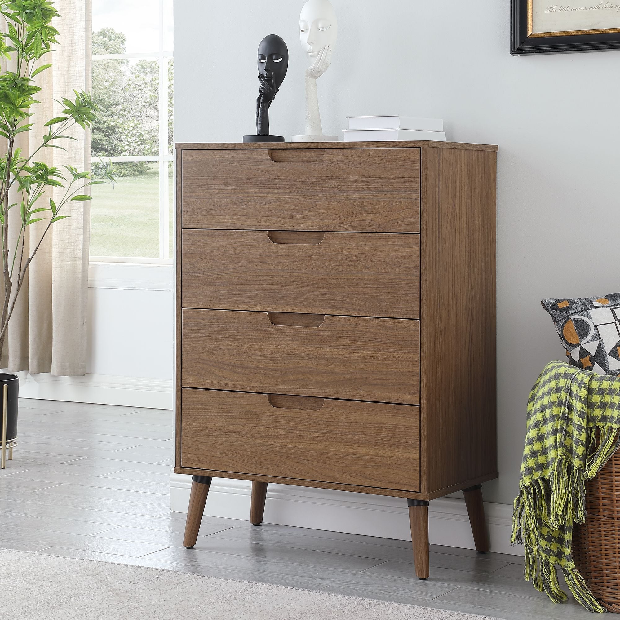 Modern 4 Drawer Dresser， Bedroom， Brown Walnut - - 37236378 - Mycitystee