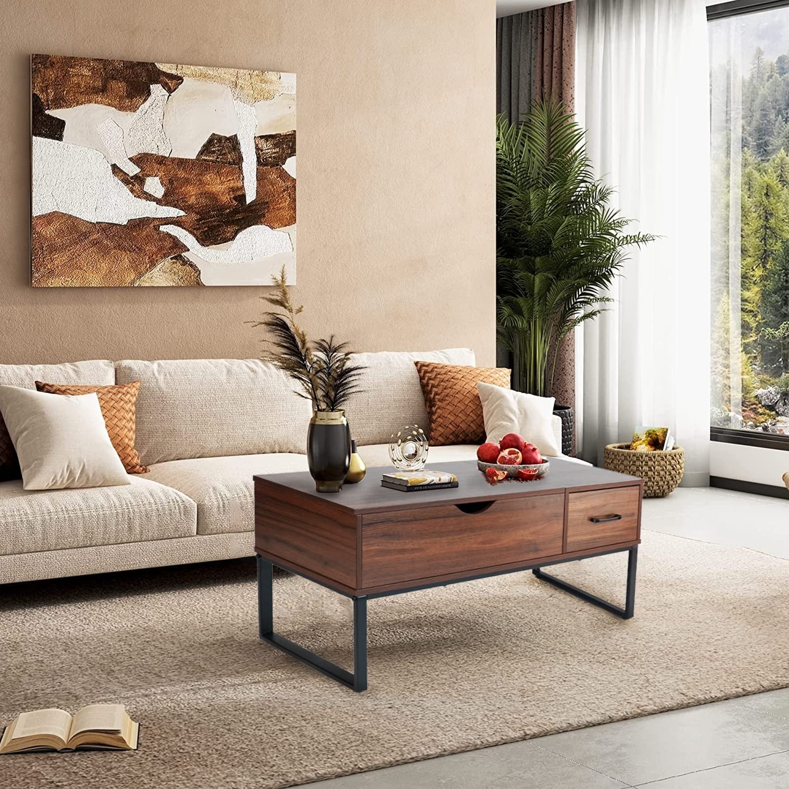 Lift Top Coffee Table with Drawer and Hidden Compartment， Pop Up Coffee Table for Living Room， - as picture - Mycitystee