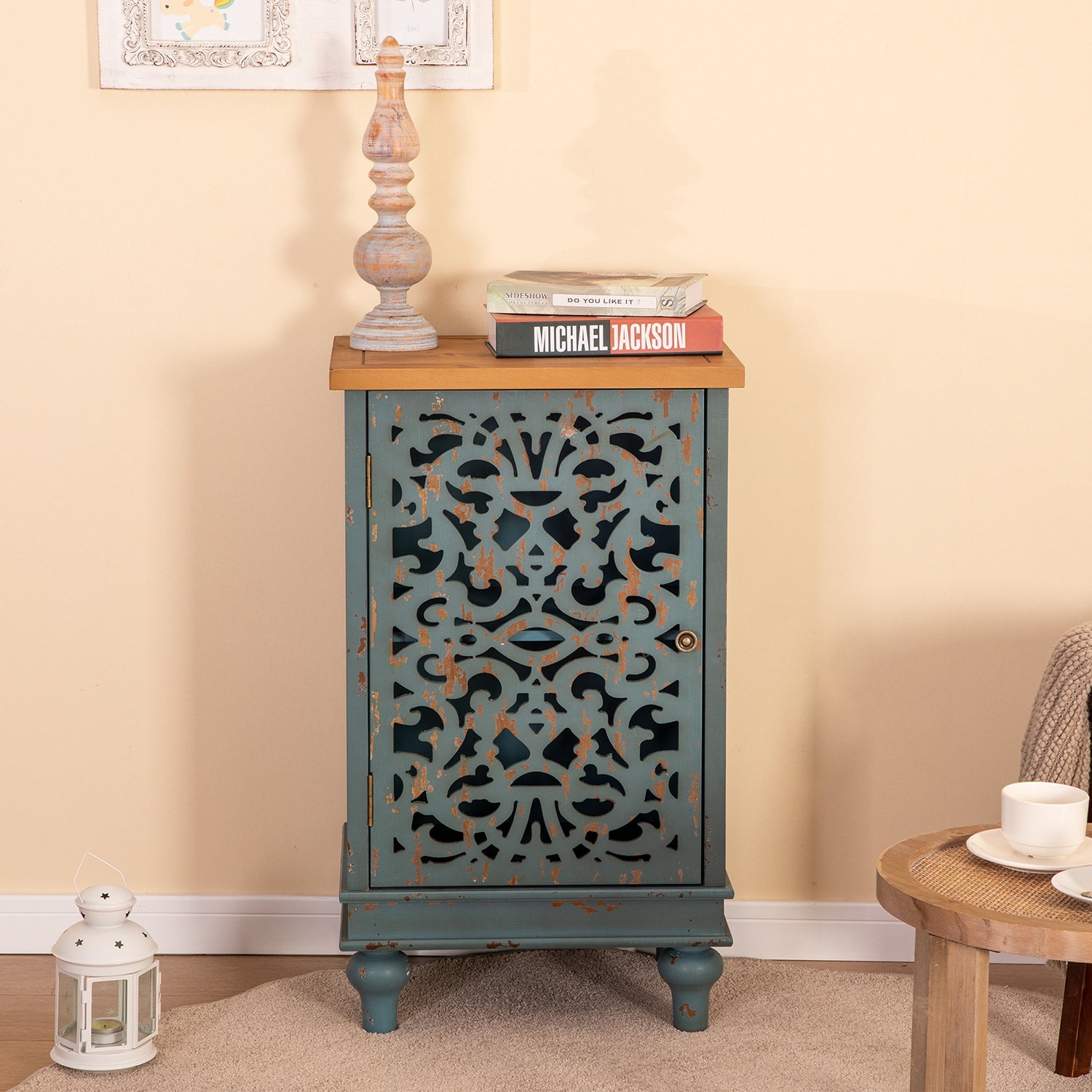 PHI VILLA Retro Distressed Hollow-Carved Side Table - Mycitystee