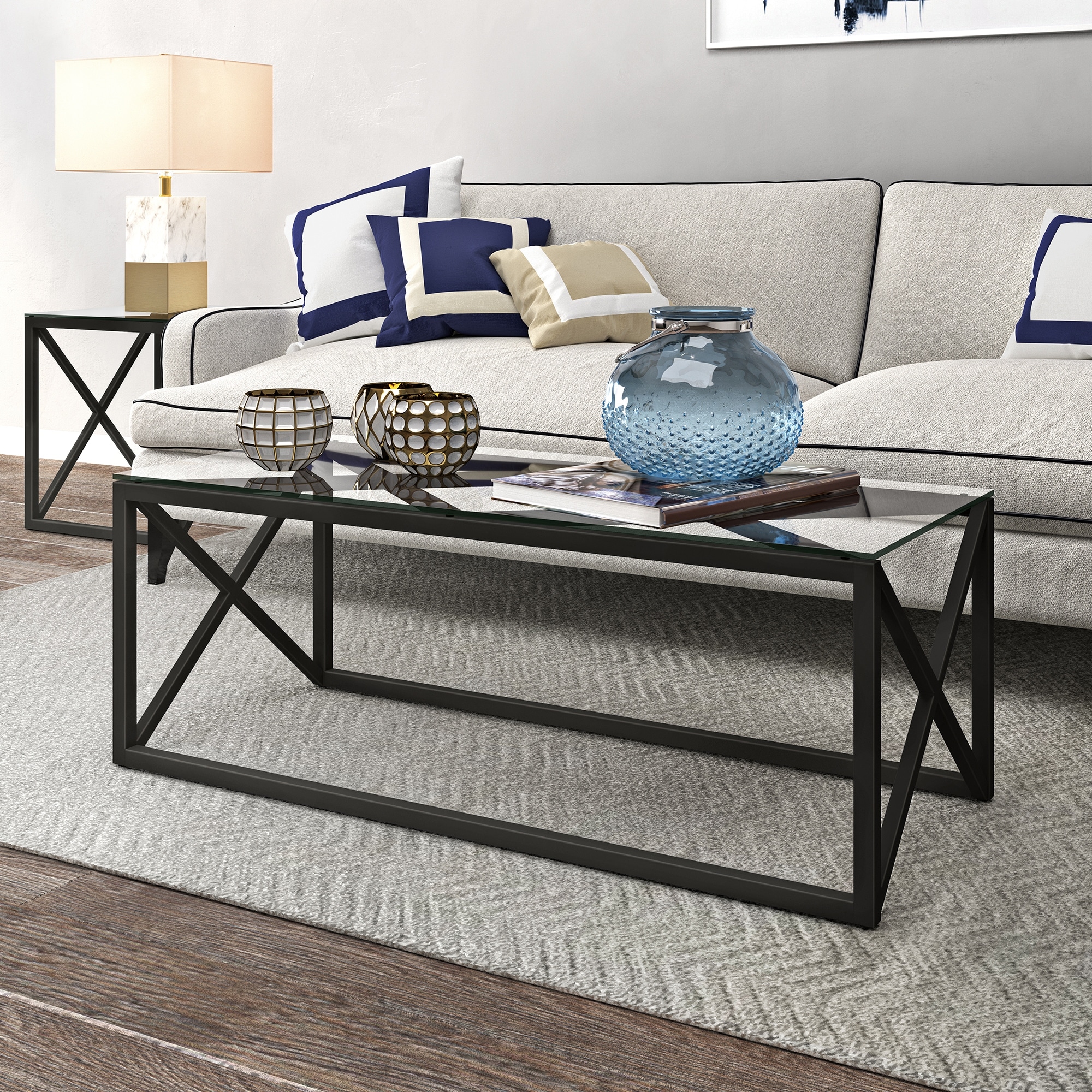 Dixon Geometric X-Base Metal and Glass Coffee Table (Optional Finishes) - Mycitystee