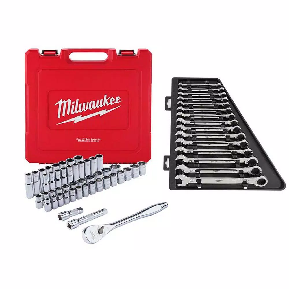 Milwaukee 1/2 in. Drive SAE/Metric Ratchet and Socket Mechanics Tool Set W/ Metric Combination Ratcheting Wrench Set (62-Piece) and#8211; XDC Depot - Mycitystee