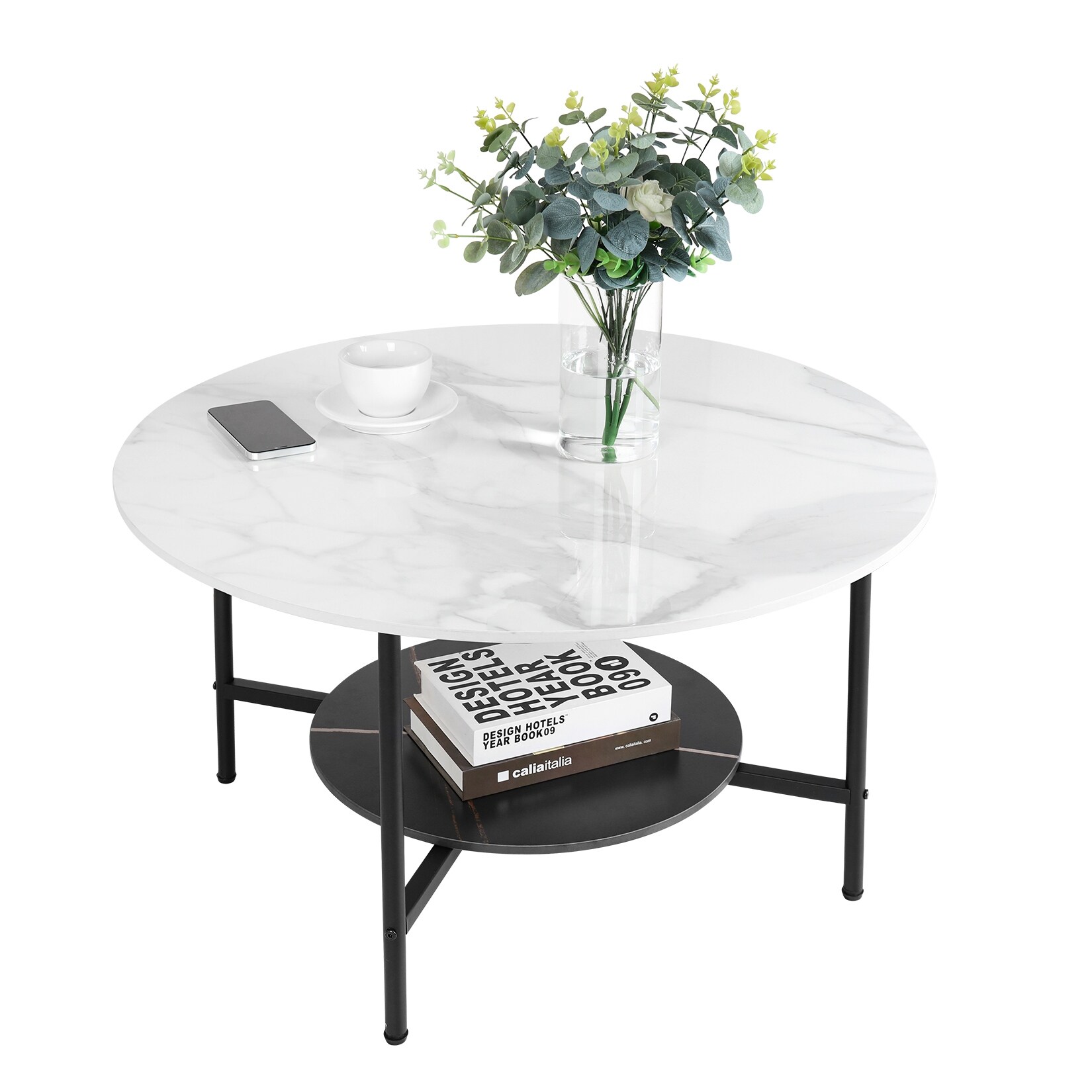 Round Coffee Table Marble Modern Accent Table - 31.5x31.5x18.7in - Mycitystee