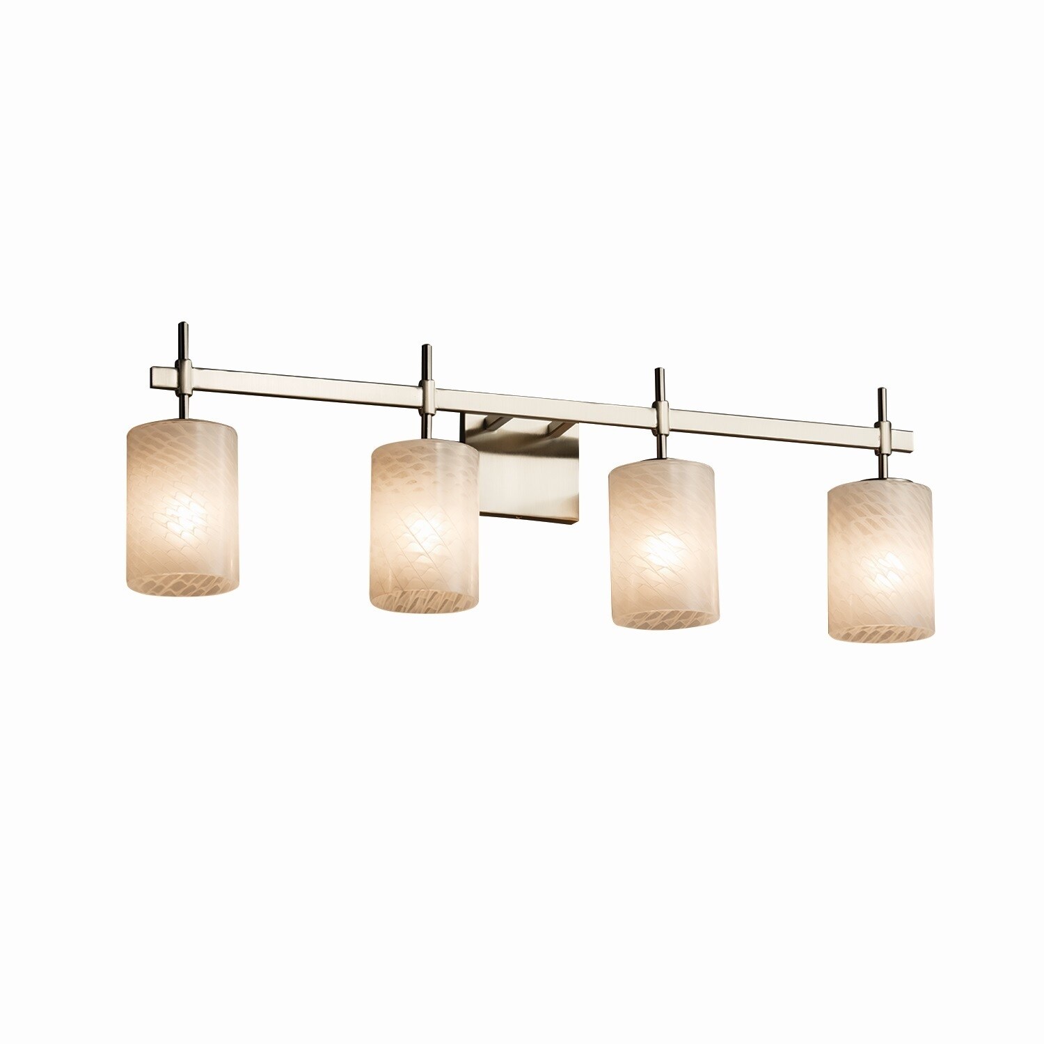 Justice Design Fusion Union 4-light Brushed Nickel Bath Bar， Weave Cylinder - Flat Rim Shade - Mycitystee