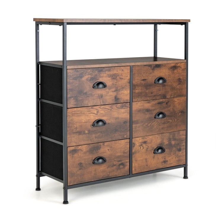 2-Tier Storage Chest with Wooden Top and 6 Fabric Drawers-Rustic Brown - - 36509164 - Mycitystee