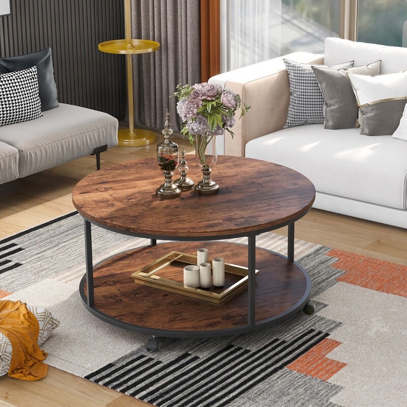 Wooden 2-tier Round Coffee Table with Caster Wheels - Mycitystee