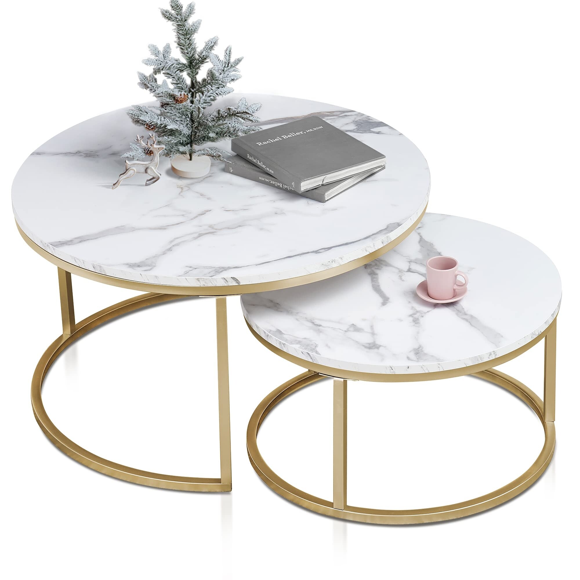 Modern Round Nesting Coffee Table Set， with 31.5 in White Faux Marble Top and Gold Metal Legs - Mycitystee