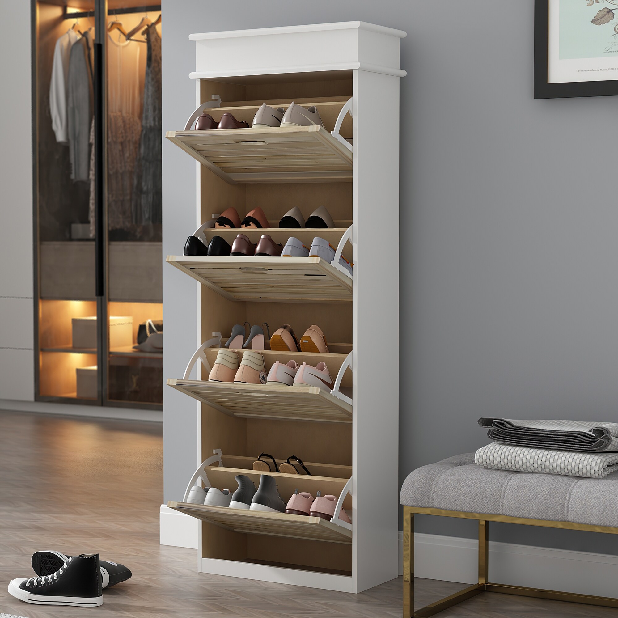 16 Pair Shoe Rack Storage Cabinet Organizer with 4 Drawers - - 35542554 - Mycitystee
