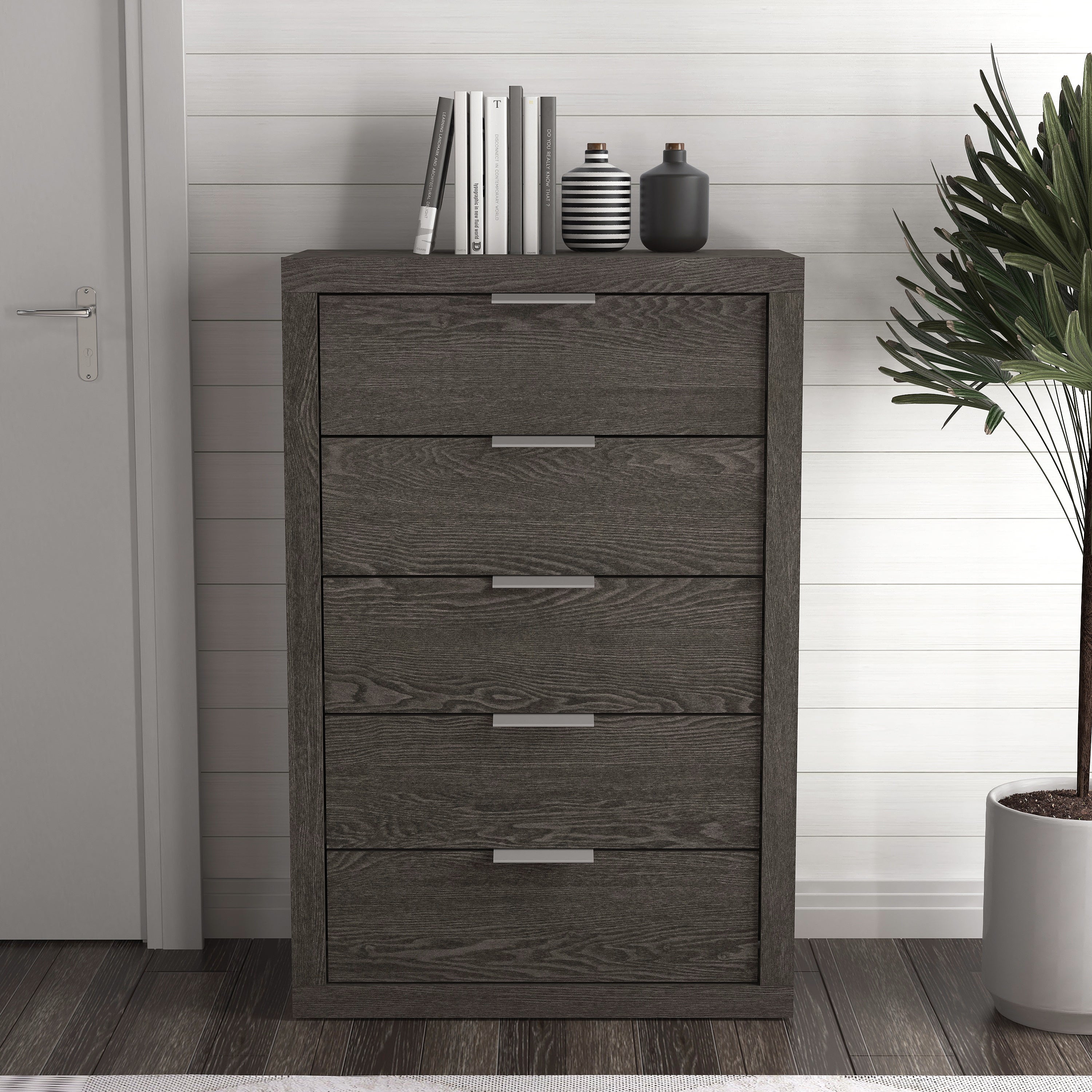 Harlowin 5-Drawer Dark Grey Oak Chest of Drawers (46.4 in. H × 16.2 in. W × 30.7 in. D) - - 37576860 - Mycitystee