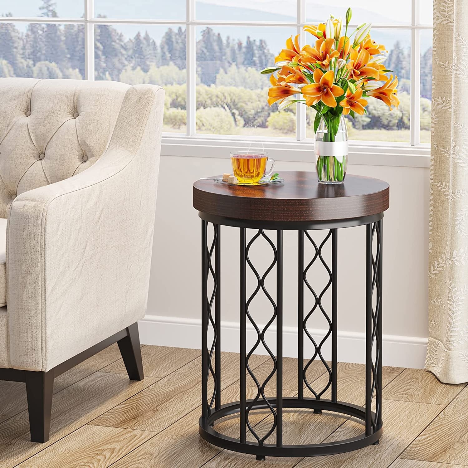 Wood Round End Table，Industrial Side Tabe Nightstand with Metal Frame - Rustic Brown - Mycitystee