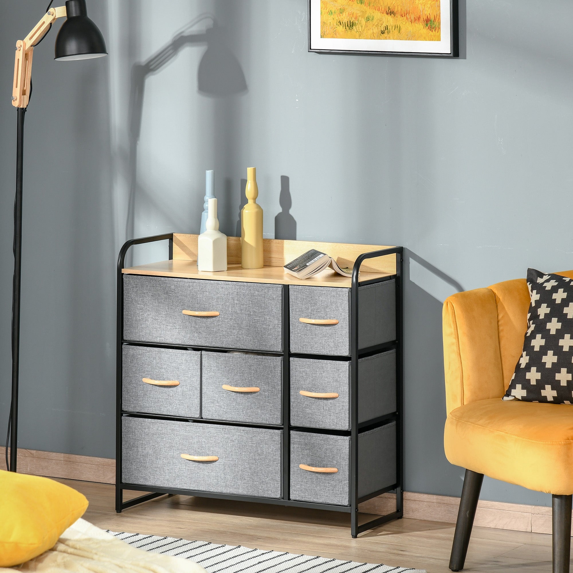 HOMCOM 7-Drawer Dresser， Fabric Chest of Drawers， 3-Tier Storage Organizer for Bedroom Hallway Entryway， Steel Frame Wooden Top - - 34310800 - Mycitystee