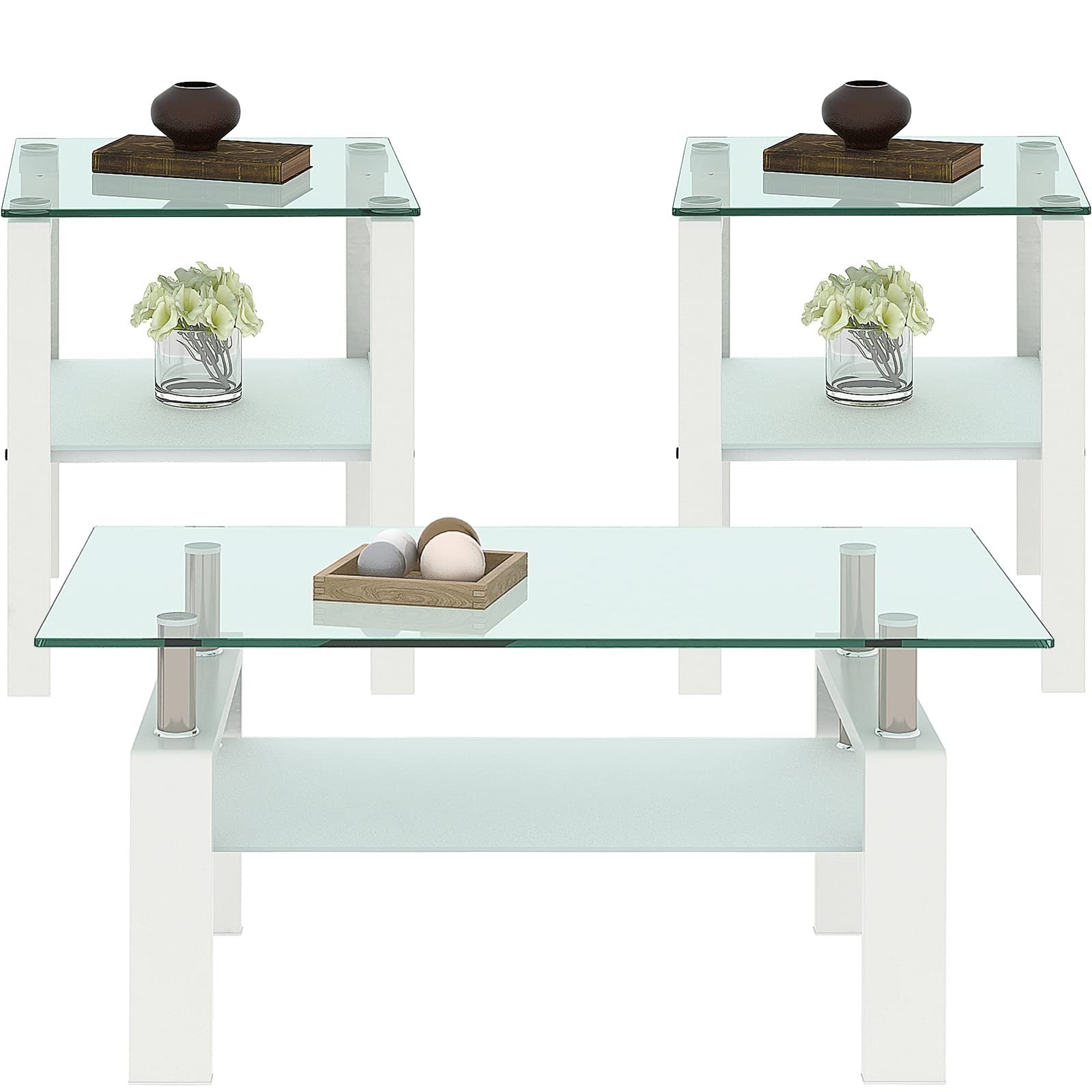 Glass Coffee Table Set of 3 Piece for Living Room， Modern Design Living Room Tables Set， Rectangle - as picture - Mycitystee