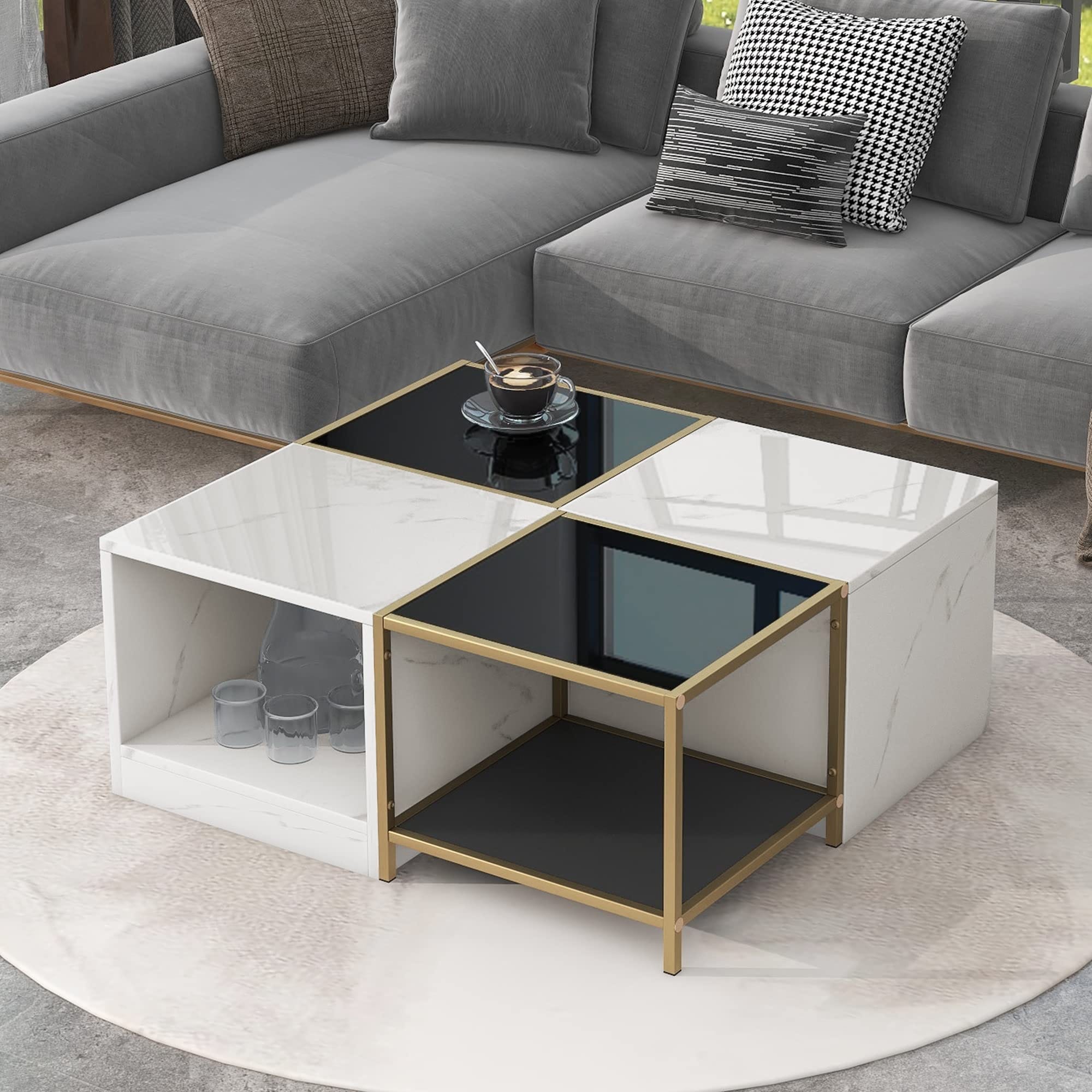 Modern Unique 2-Layer Coffee Table with Metal Frame，Square Cocktail Table with High Gloss - as picture - Mycitystee