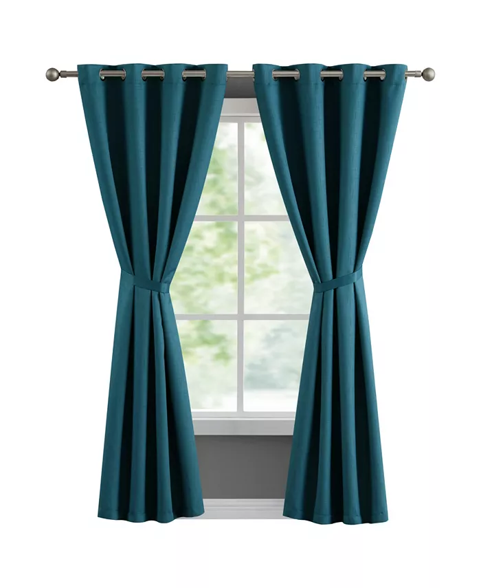 French Connection Ebony Thermal Woven Room Darkening Grommet Window Curtain Panel Pair with Tiebacks Collection - Mycitystee