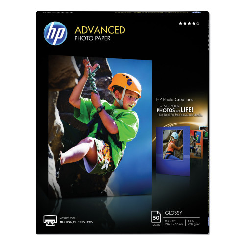HP Advanced Photo Paper， 10.5 mil， 8.5 x 11， Glossy White， 50/Pack (Q7853A) - Mycitystee