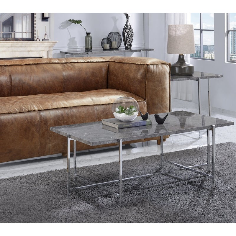 Modern Coffee Table，Faux Marble Top，Metal Base，Chrome Finish(Gray) - Mycitystee