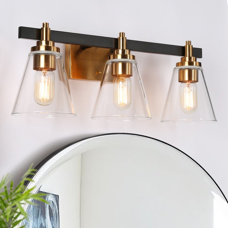 2/3/4 Light Mid Century Modern Black Gold Bathroom Vanity Lights Clear Glass Wall Sconces - Mycitystee