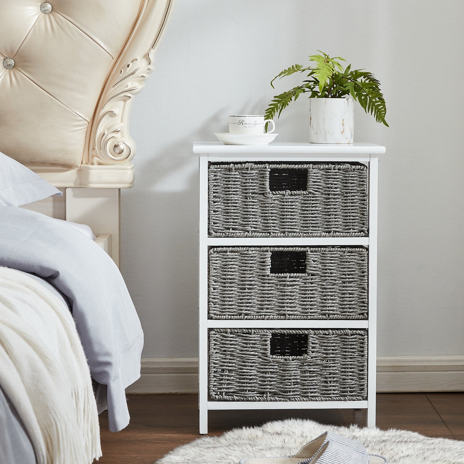 White Nightstand with 3 Drawers， Bedside Tables for Hallway， Accent End Table Bedroom， Dresser Storage Tower with Wood Top - - 37777049 - Mycitystee