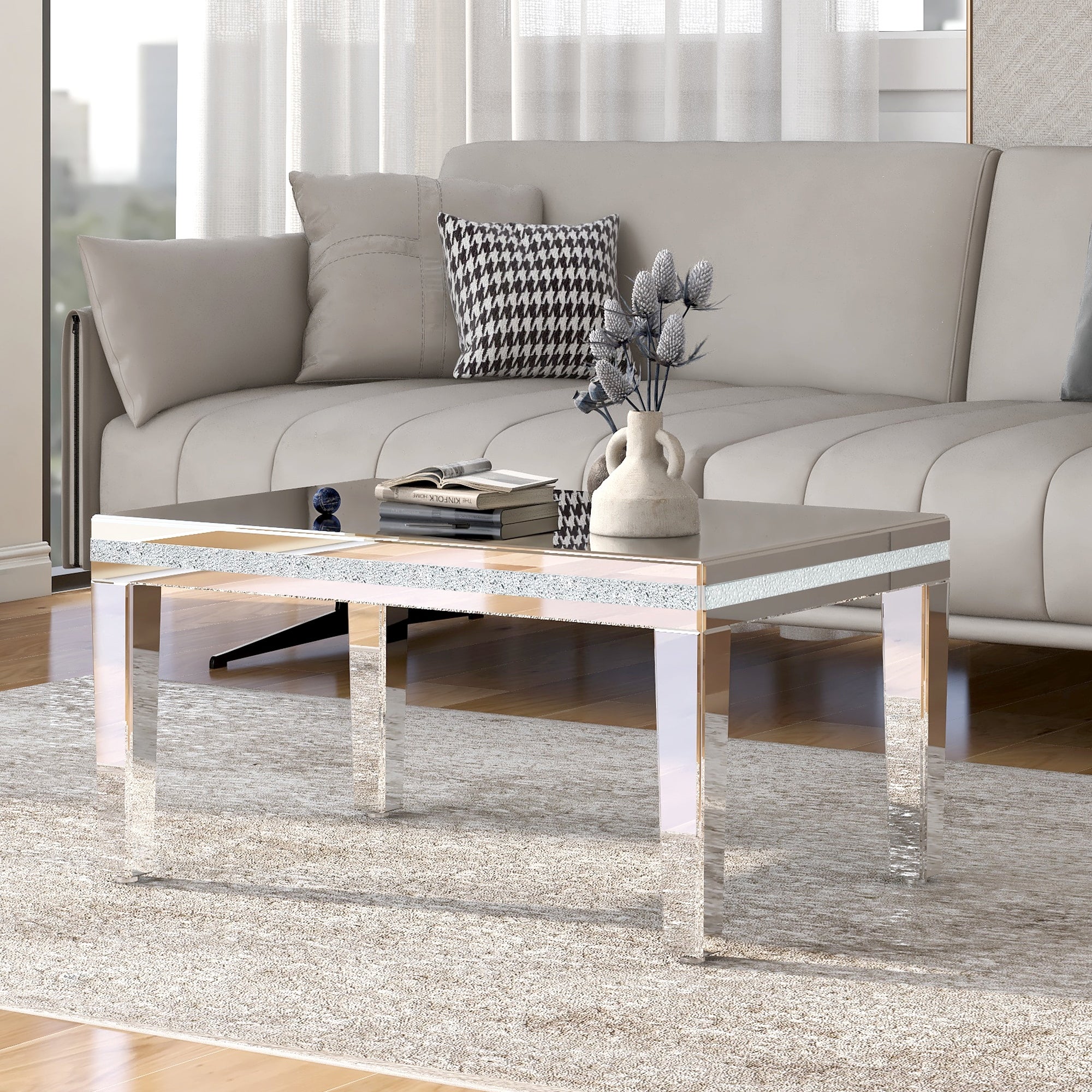 Modern Glass Mirrored Coffee Table， Easy Assembly Cocktail Table with Crystal Design and Adjustable Height Legs， Silver - Mycitystee