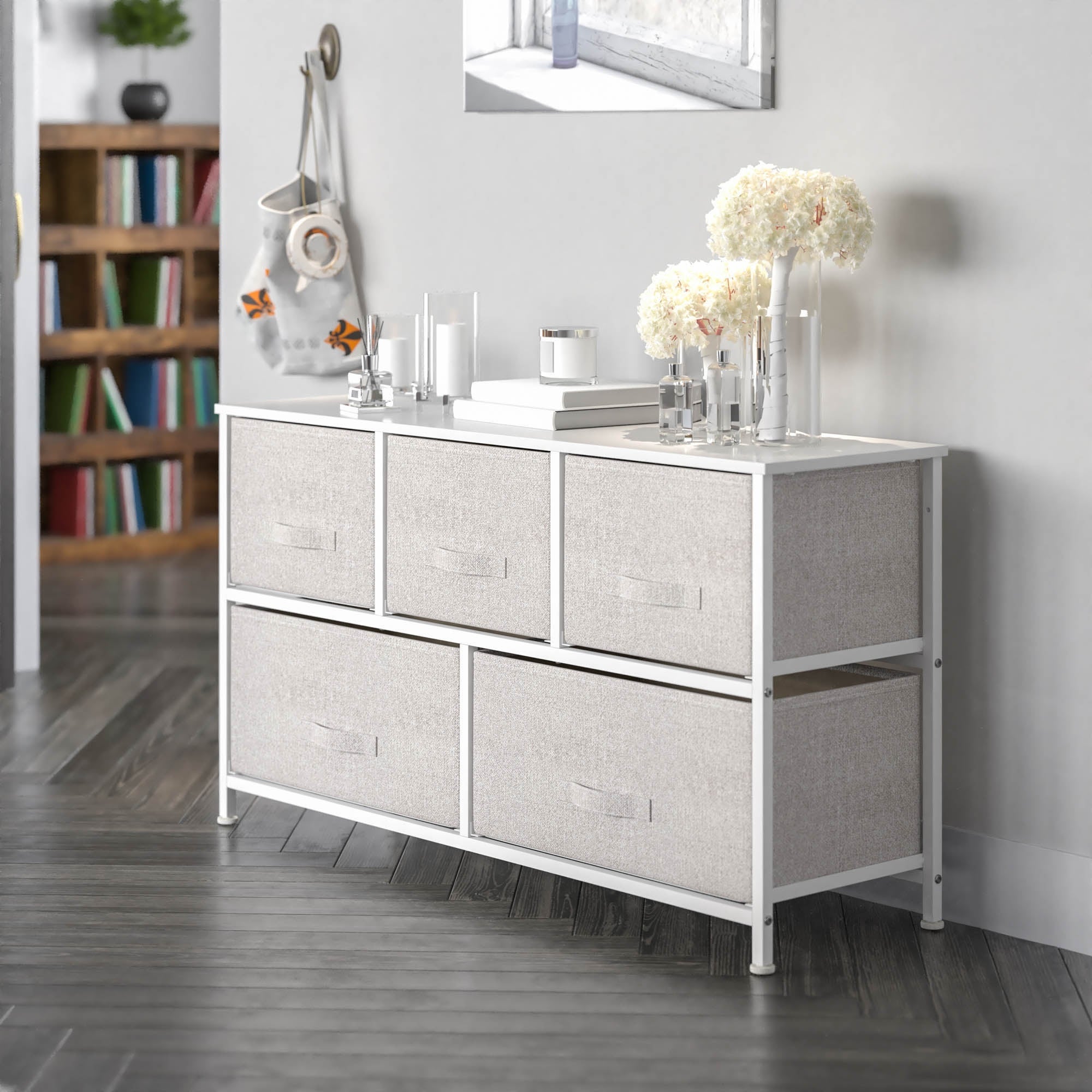 Offex 5 Drawer Wood Top White Vertical Storage Dresser with Light Gray - - 35089746 - Mycitystee
