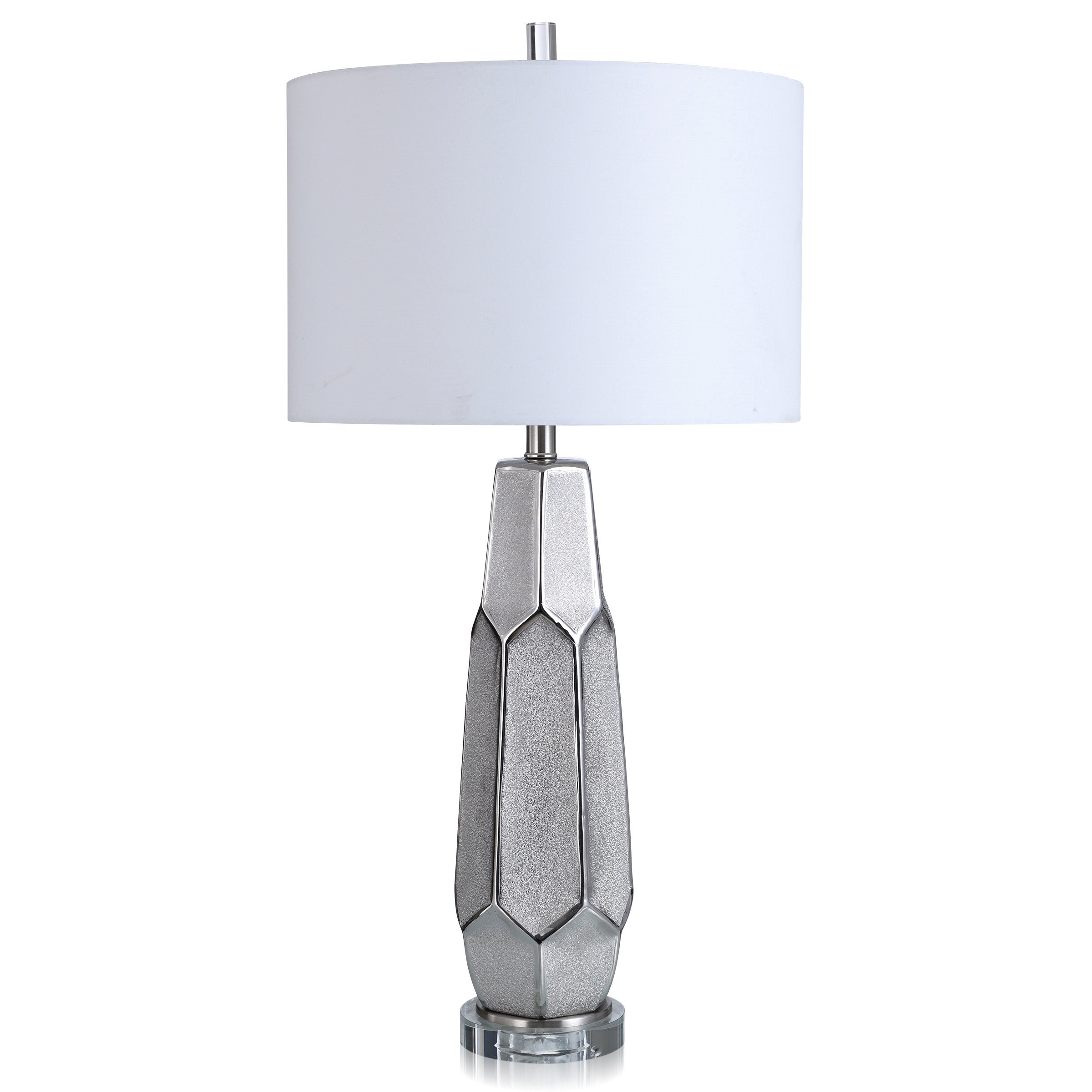 Zara - Carved and Textured Body Ceramic Table Lamp - Silver Finish - White Shade - Mycitystee