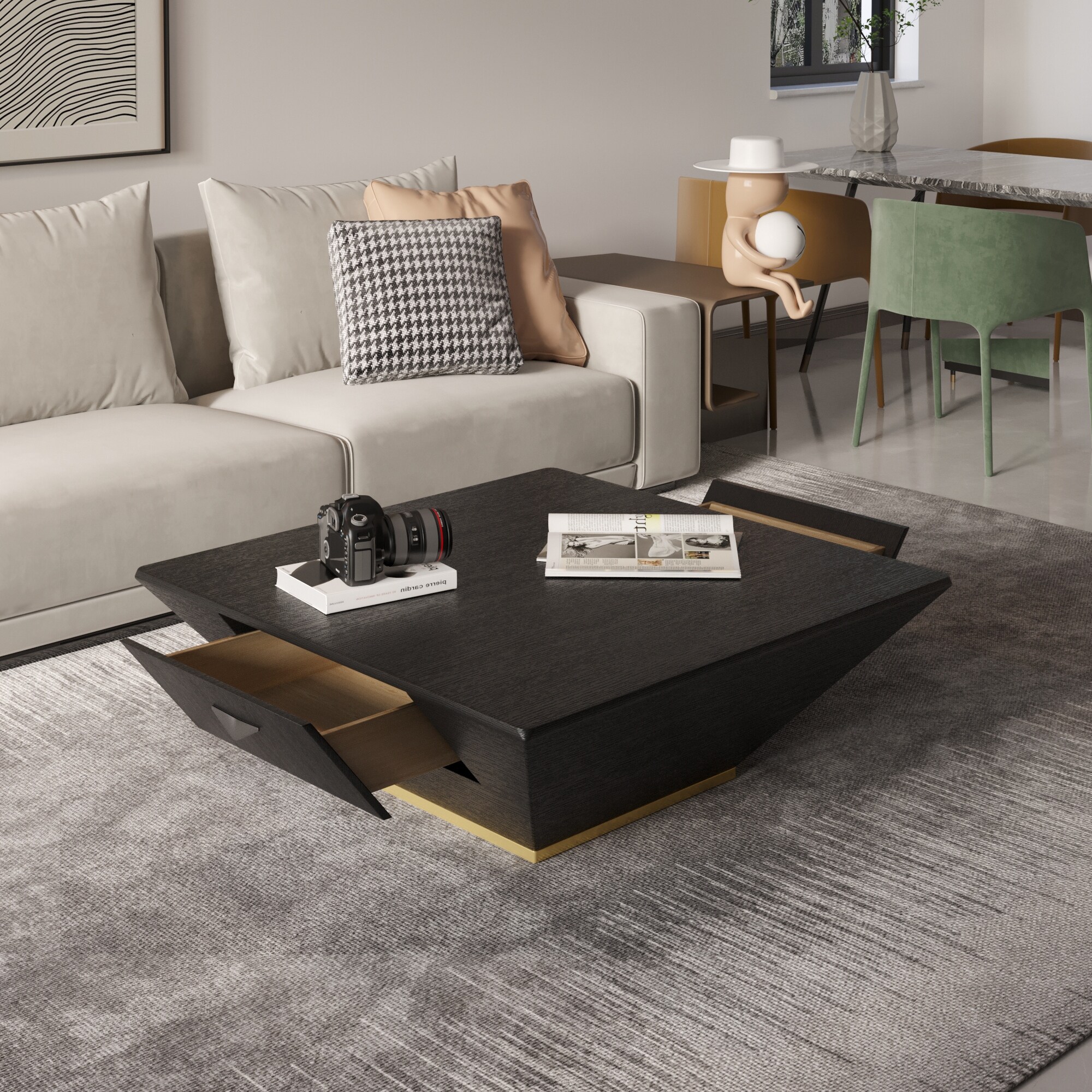 Modern MDF Wood Square Coffee Table with 2 Storage Drawers - Mycitystee