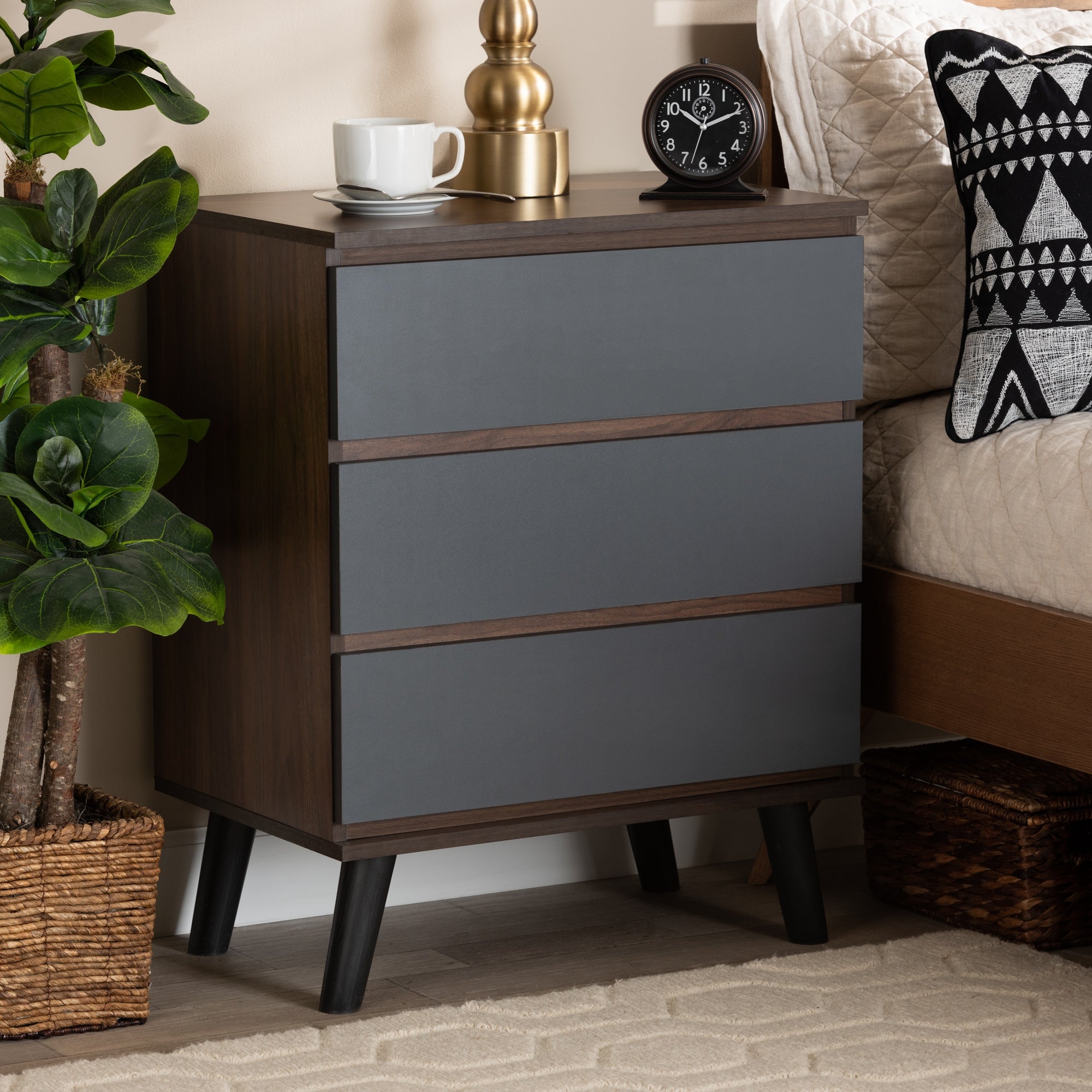 Roldan Two-Tone Walnut and Grey Finished Wood 3-Drawer Bedroom Chest - - 32854446 - Mycitystee