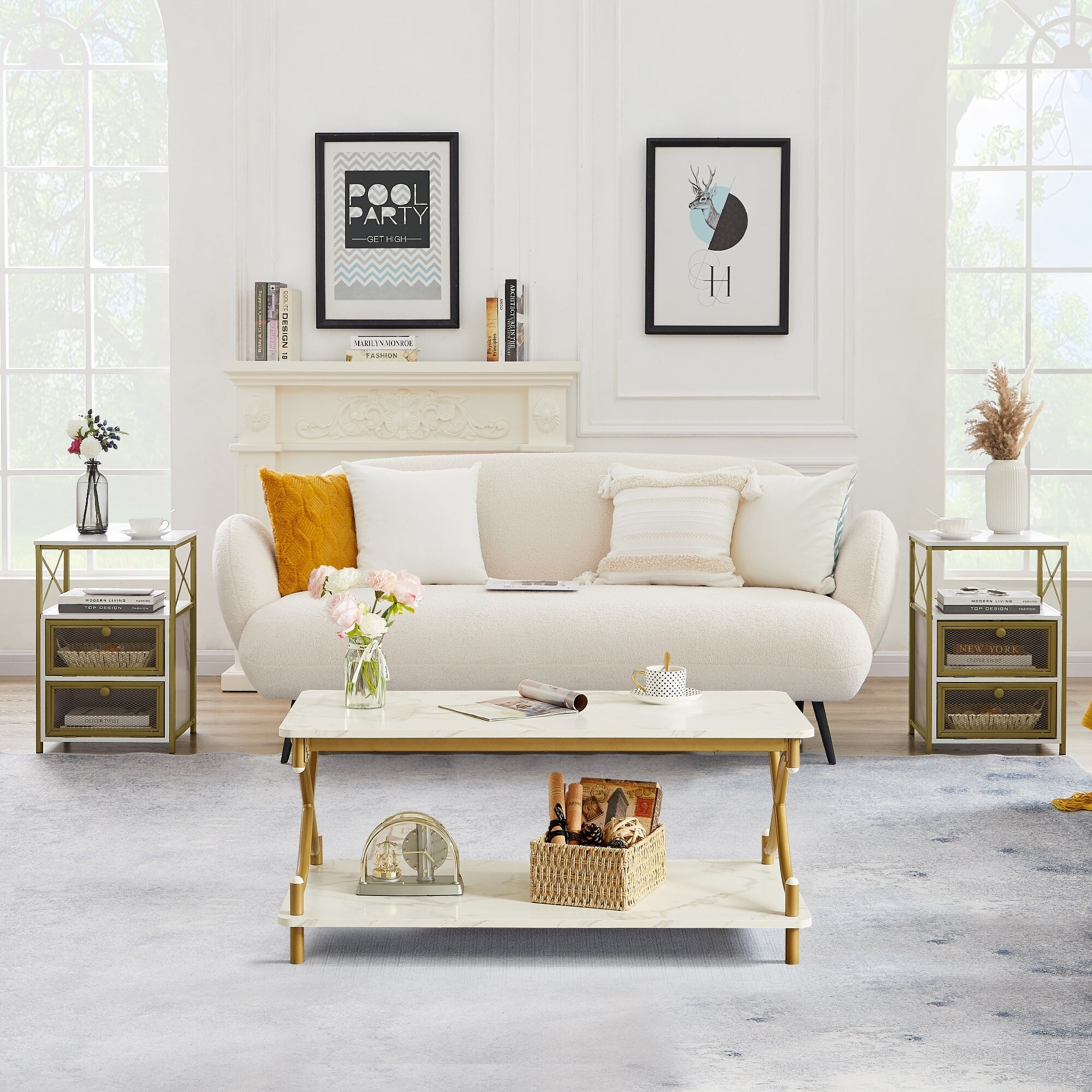 3 Piece Coffee Table Set Modern Coffee Table and Nightstand Set of 2，Marble - Mycitystee