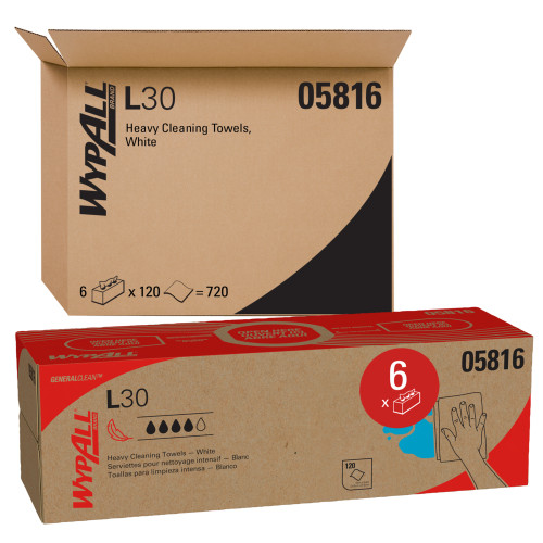 WypAll L30 Towels， POP-UP Box， 9.8 x 16.4， White， 120/Box， 6 Boxes/Carton (05816) - Mycitystee