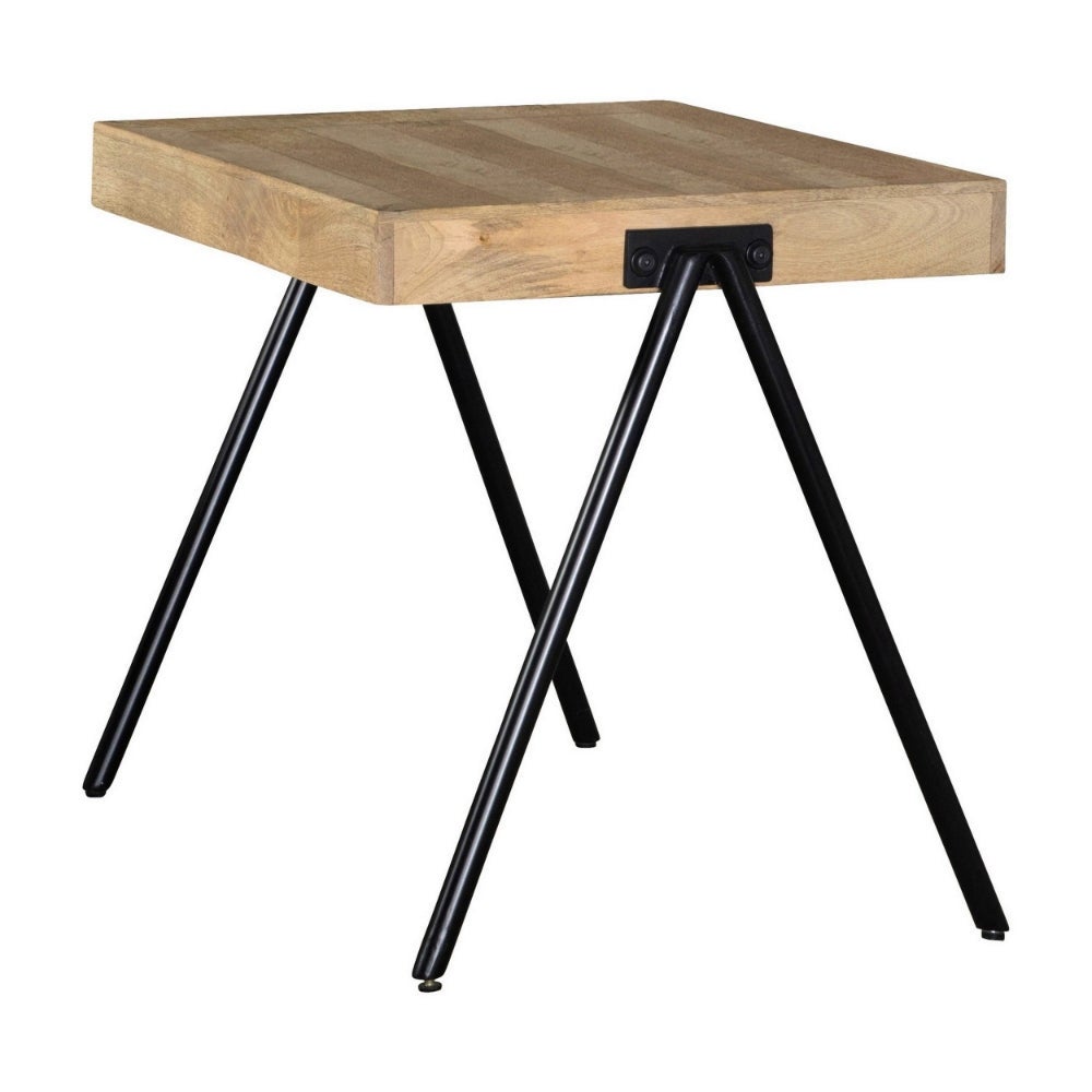 Zuri 25 Inch Side End Table， Square Mango Wood Surface， Angled Iron Legs - Brown - 22L x 22W x 24.5H， in inches - Mycitystee