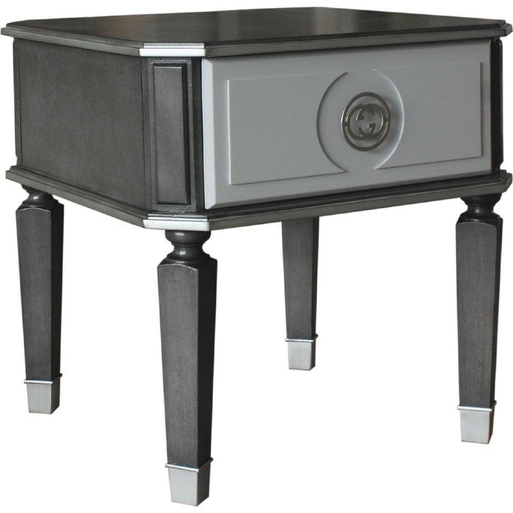 MDF End Table with 1 Drawer and Turned Tapered Legs - Gray and Silver - 24 L x 24 W x 24.21 H Inches - Mycitystee