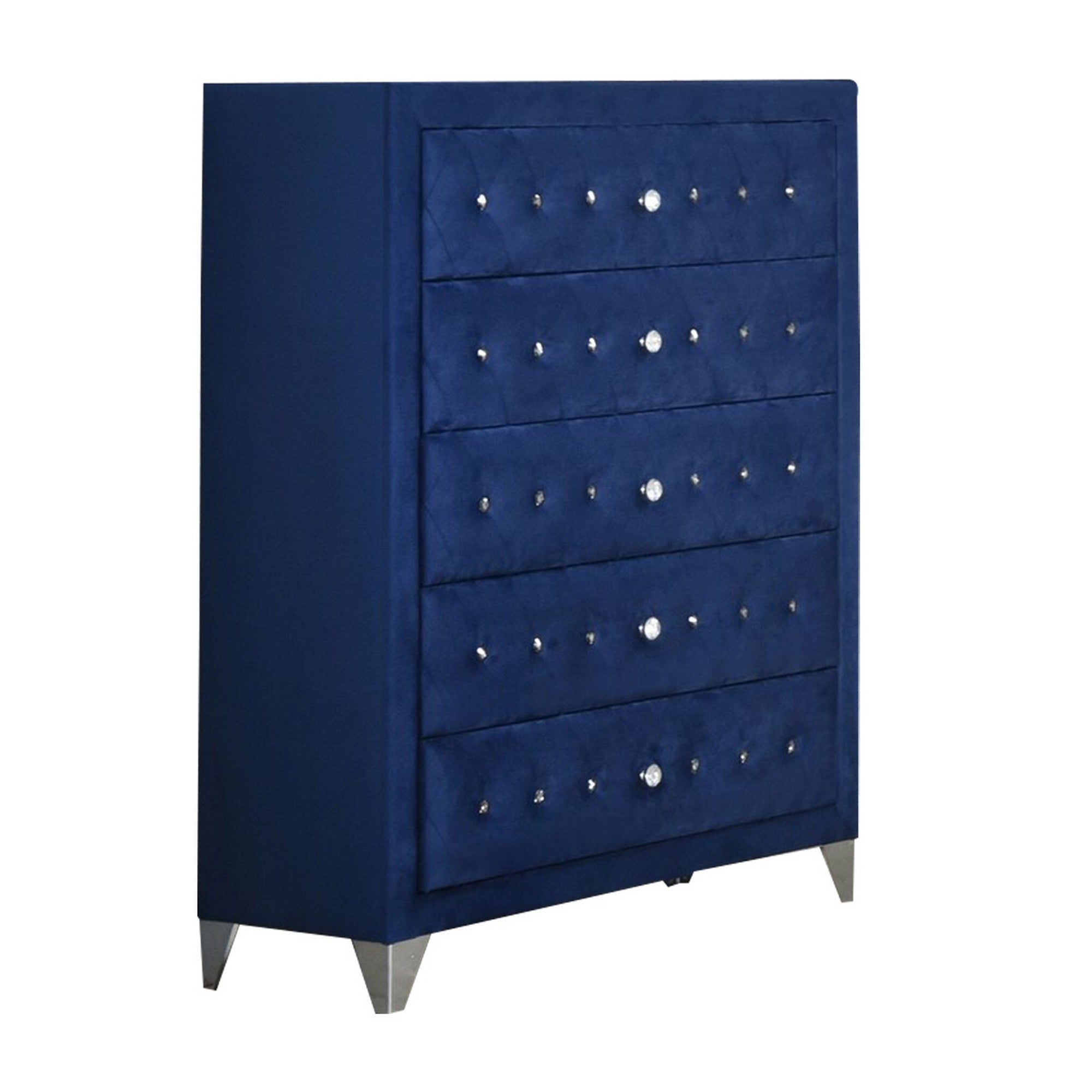 Velvet Upholstered 5 Drawer Wooden Chest with Faux Crustal Knobs， Blue - - 31768452 - Mycitystee