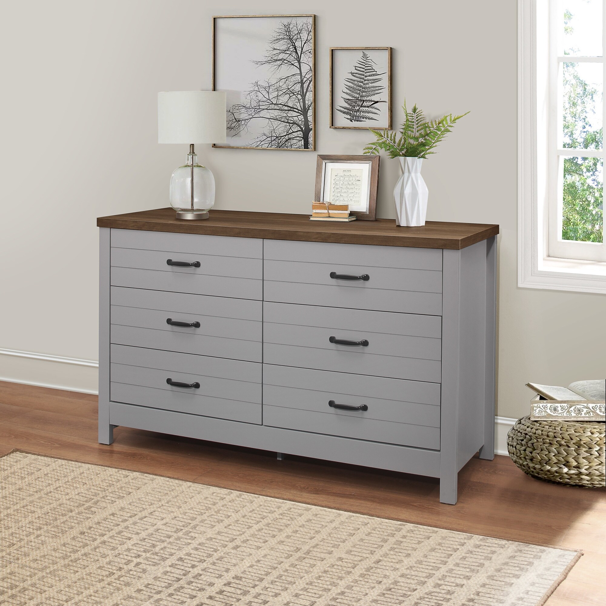 Lancaster Farmhouse Oak Top 6-Drawer Dresser， Gray - - 36139073 - Mycitystee