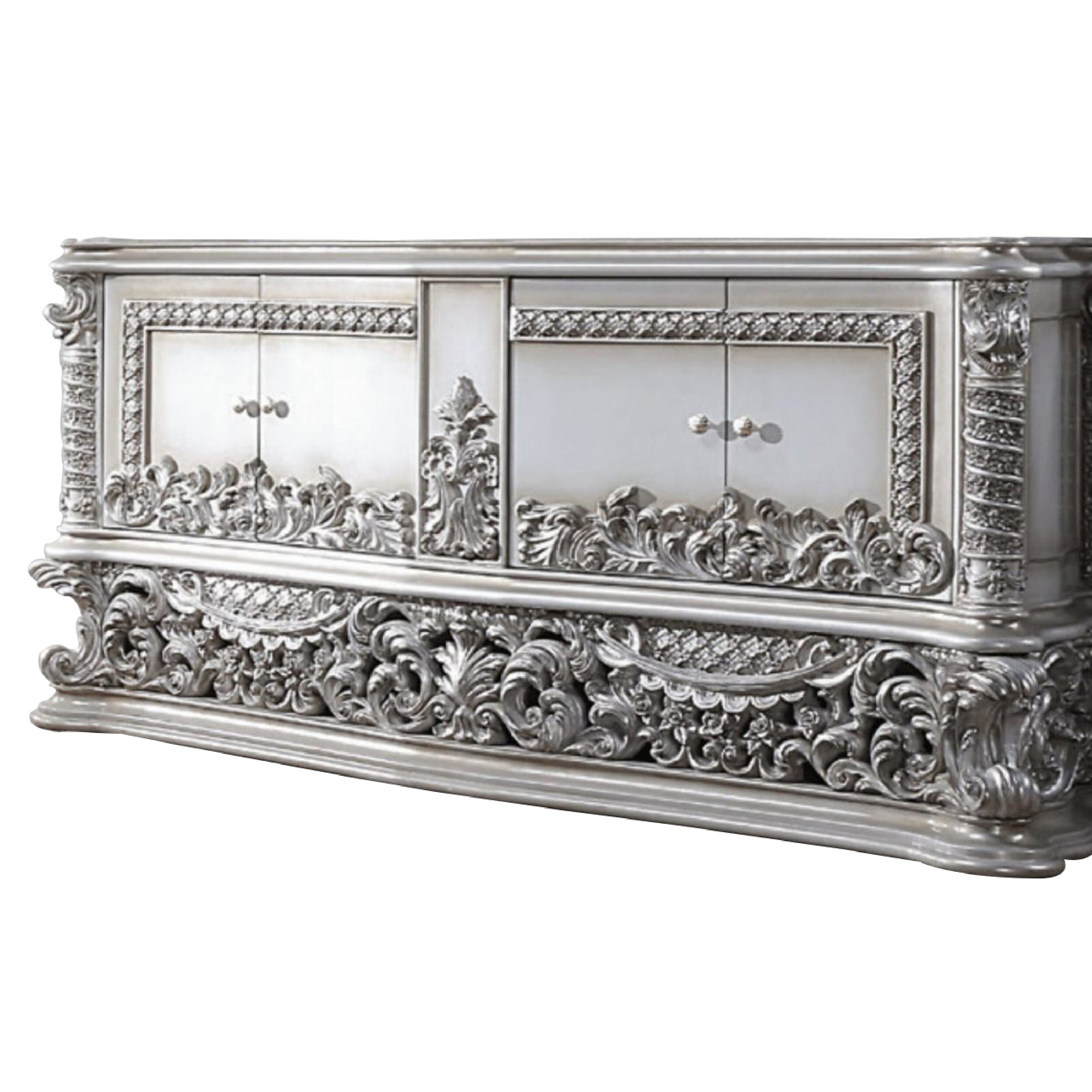 Vera 79 Inch Wood 4 Door Dresser， Ornate Floral Carving， Gray， Light Gold - - 35936908 - Mycitystee