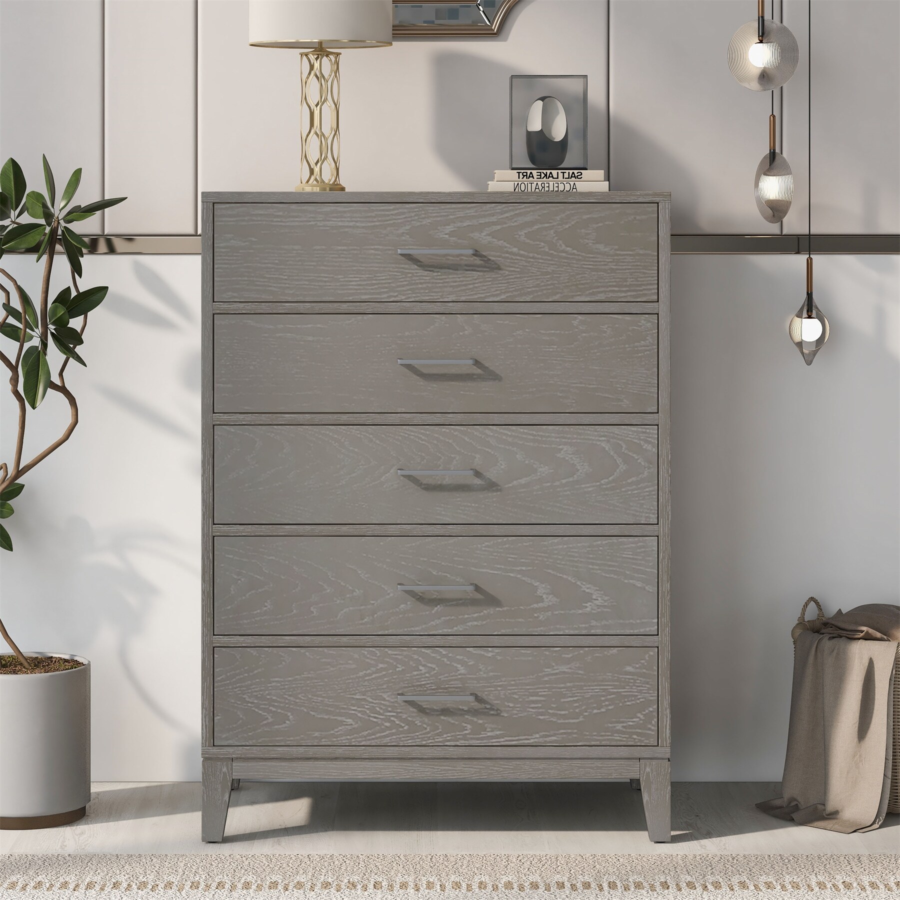 Grey Grain Solid Wood 5 Drawers Chest - - 37267690 - Mycitystee
