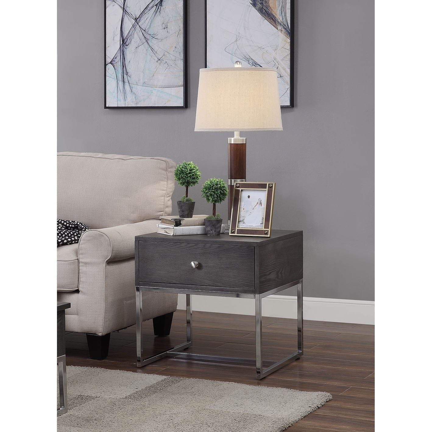 Wooden End Table with Tubular Metal Base and Spacious Drawer， Gray and Silver - Mycitystee