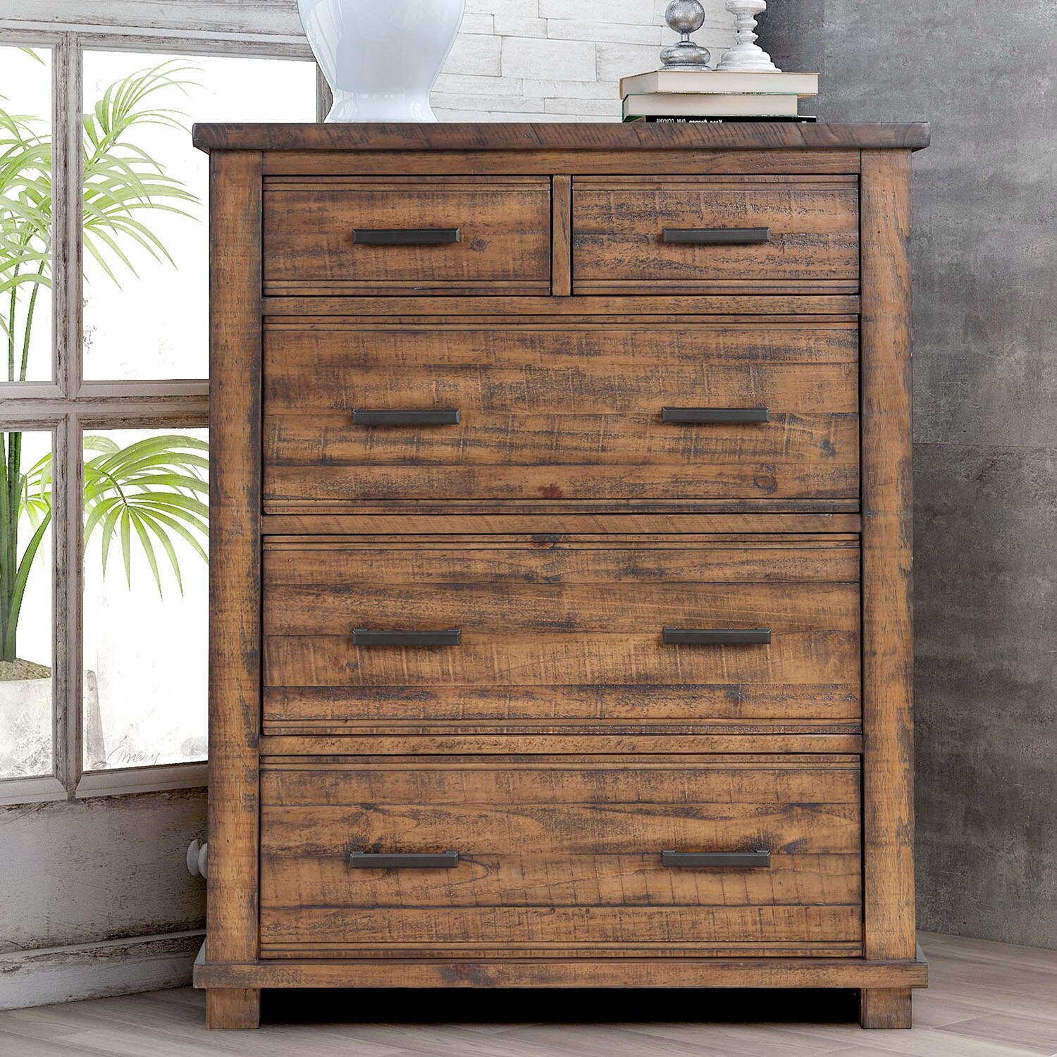 Rustic Style Reclaimed Pine Wood Five-Drawer Chest - - 37427901 - Mycitystee