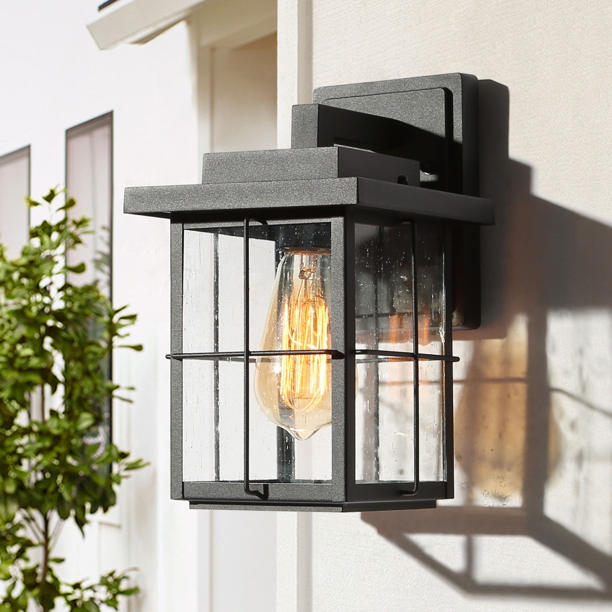 1-Light Black ModernTransitional Outdoor Wall Sconce/LED Exterior Wall Light with Seeded Glass，4.5