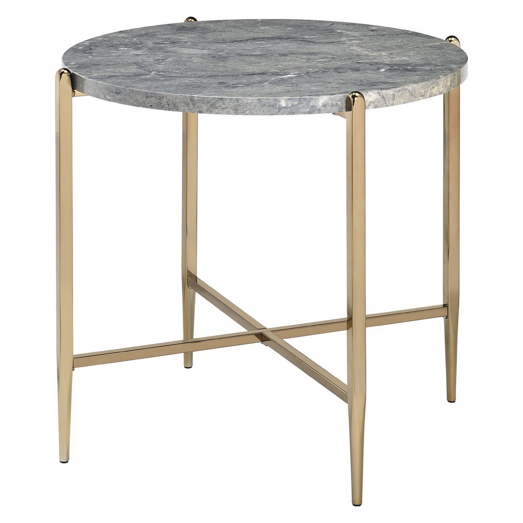 End Table with Oval Marble Top and X Shaped Support， Gray and Gold - Mycitystee