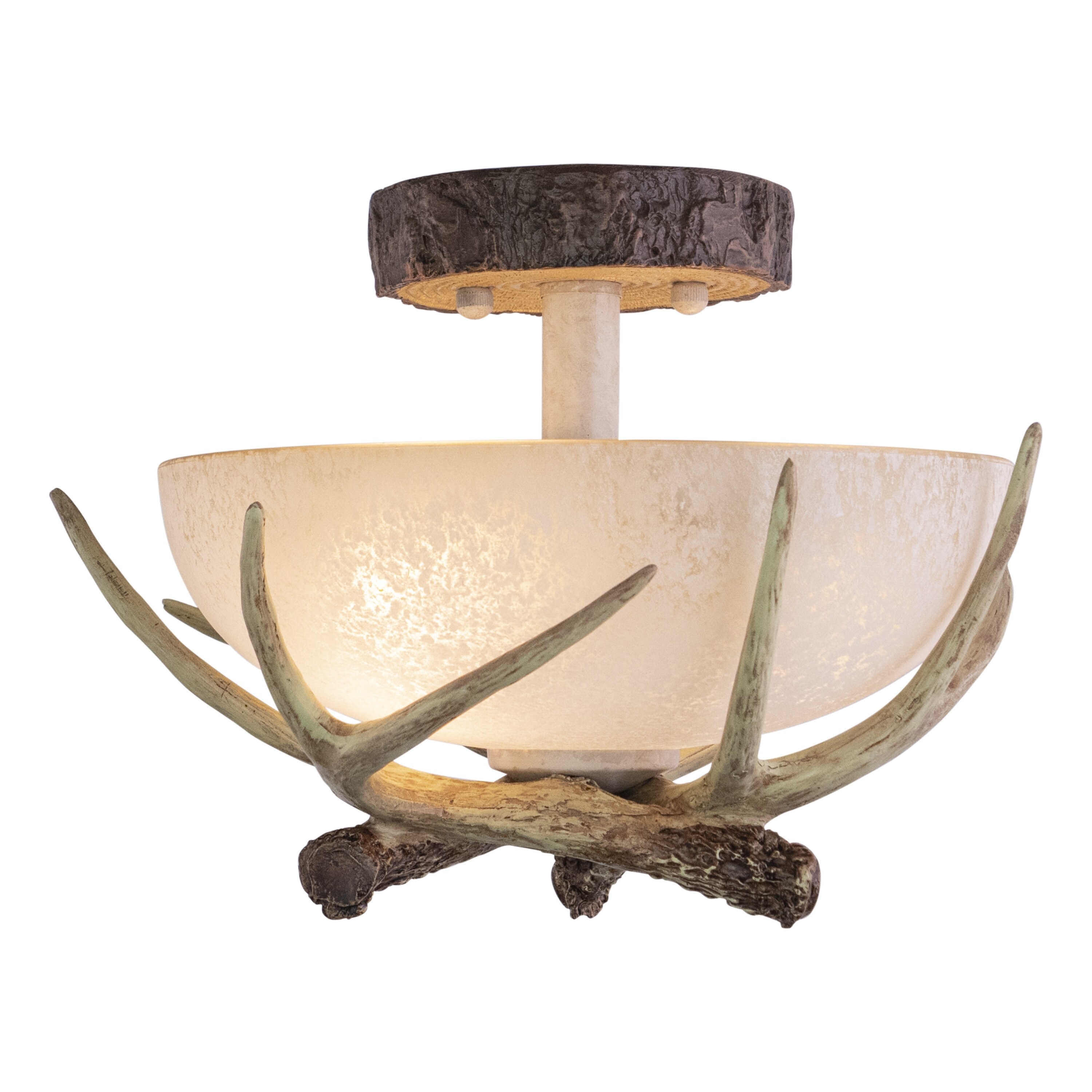 Lodge 12-in W Cream Rustic Antler Bowl Semi Flush Mount Ceiling Light Cream Glass - 12-in W x 9-in H x 12-in D - Mycitystee