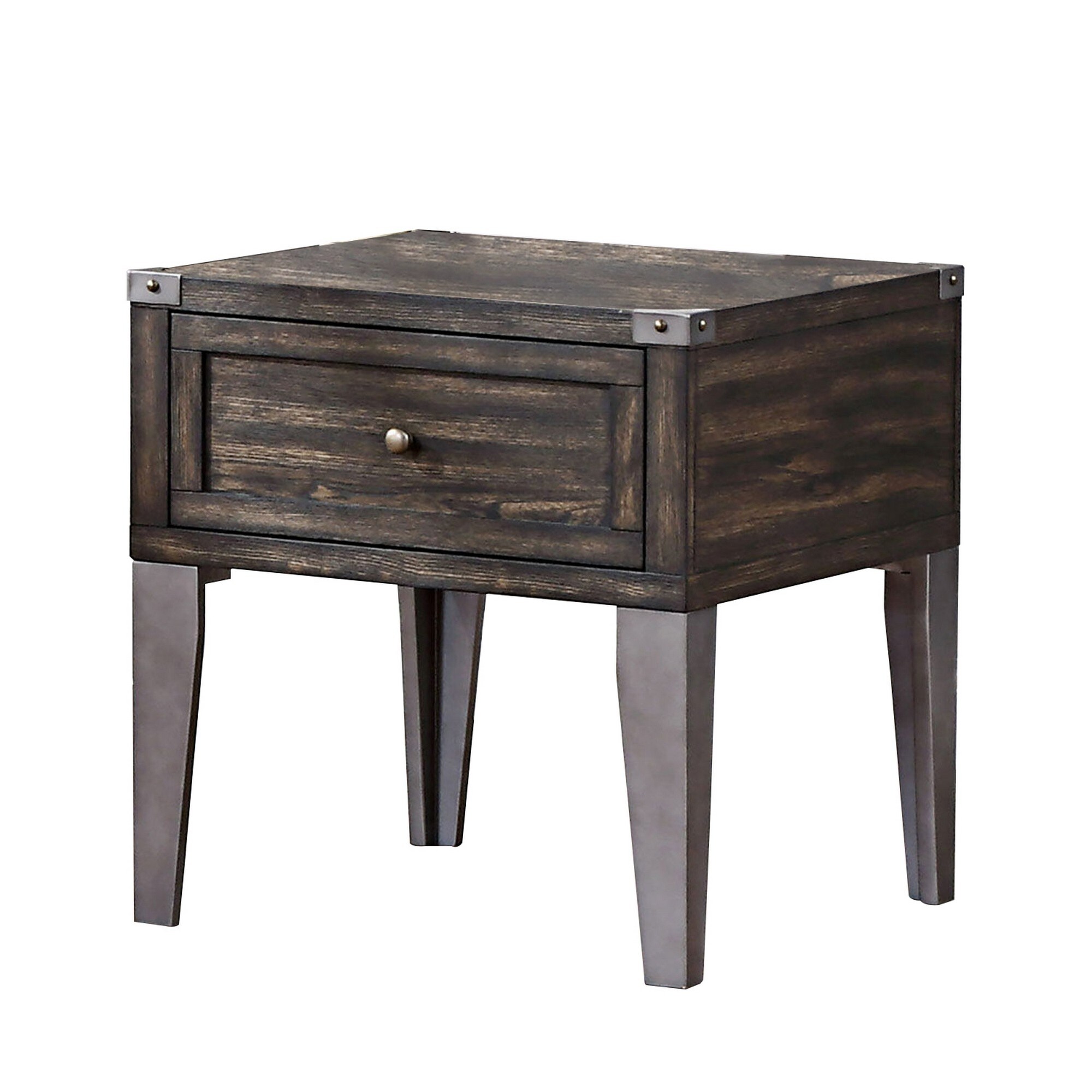 1 Drawer Wooden End Table with Metal Angled Legs， Brown - Mycitystee
