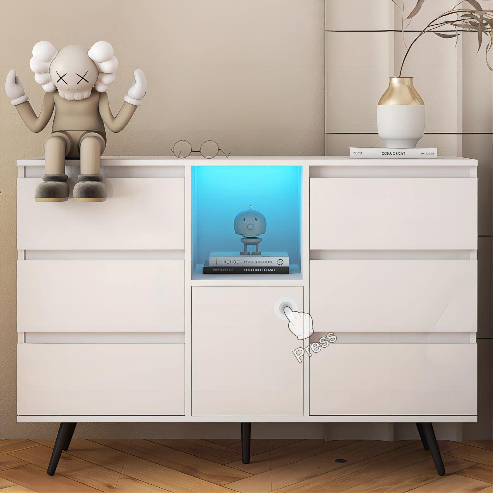 White Dresser for Bedroom with 6 Drawers and LED Lights， Chest of Drawers Clothes Storage Closet Organizer - as picture - - 37668583 - Mycitystee