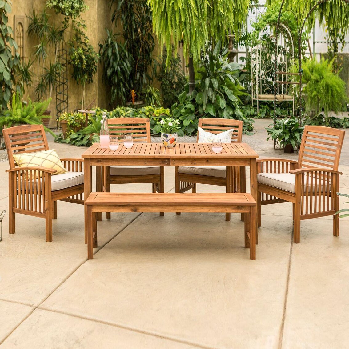 Ultimate Patio Horizon Way 6 Piece Brown Acacia Patio Dining Set W/ 60 X 34 Inch Rectangular Table and Natural Cushions - Mycitystee