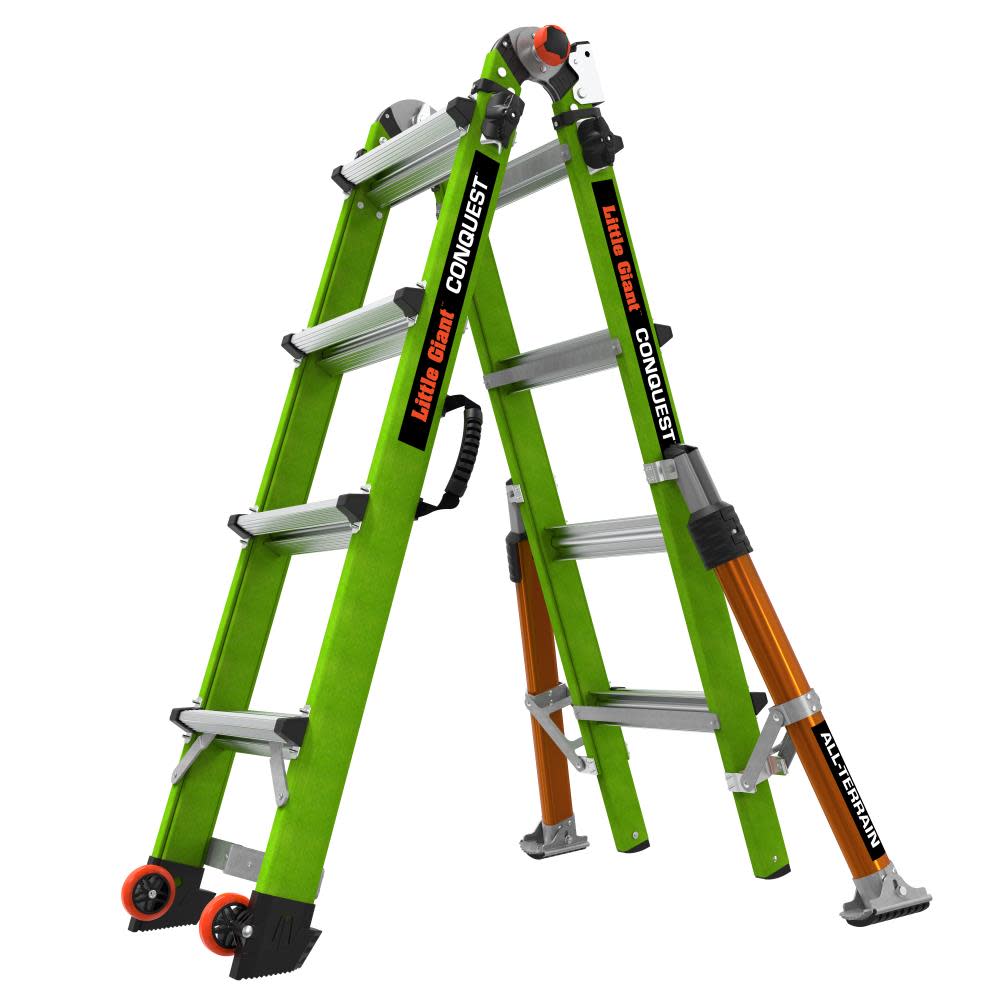 Conquest All-Terrain, Model 17 - ANSI Type 1A - 300 lb Rated - Fiberglass Articulated Extendable Ladder with Adjustable Outriggers, Accessory Ports, C - Mycitystee