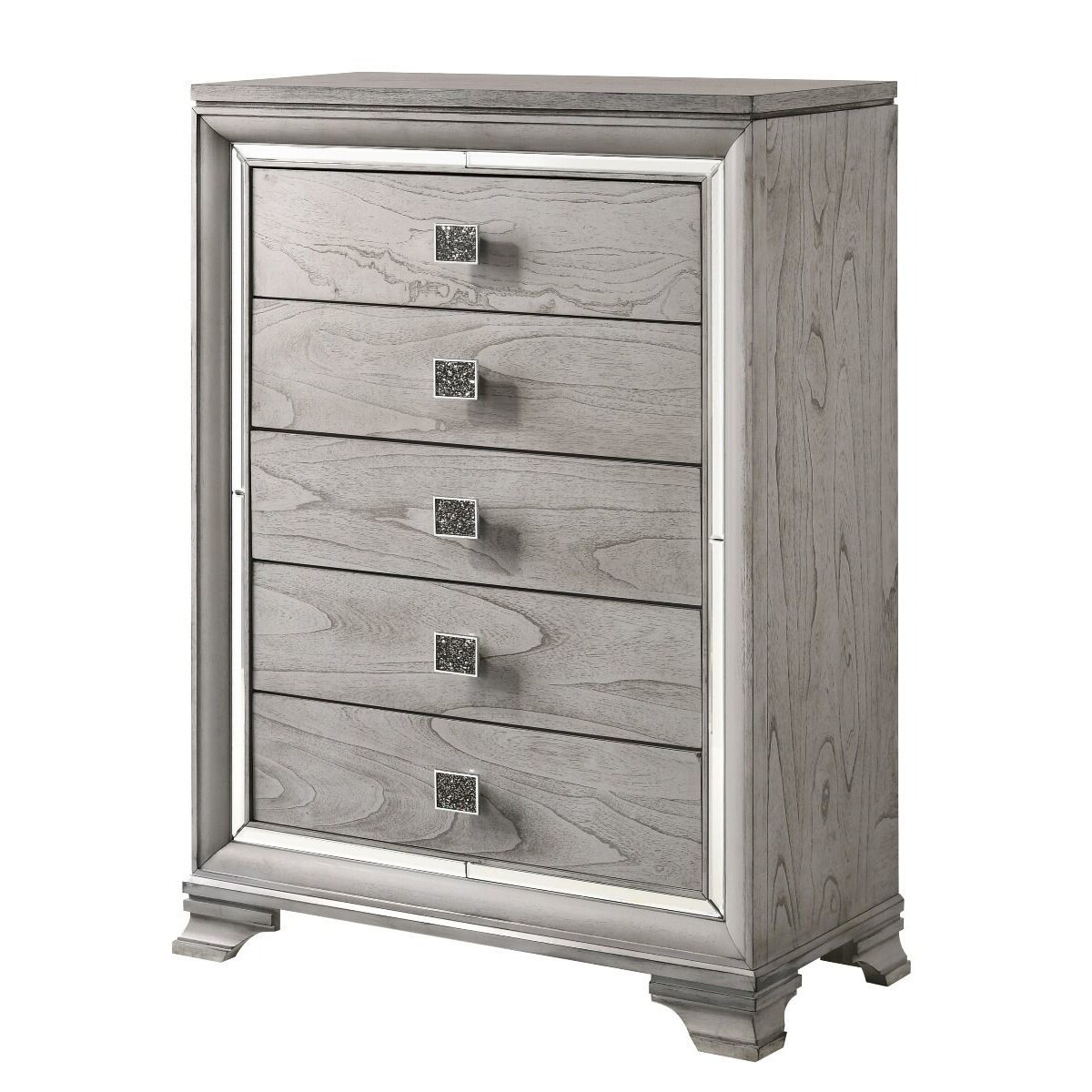 5 Drawers Wooden Frame Chest with Square Crystal Knobs， Gray and Silver - - 31269520 - Mycitystee
