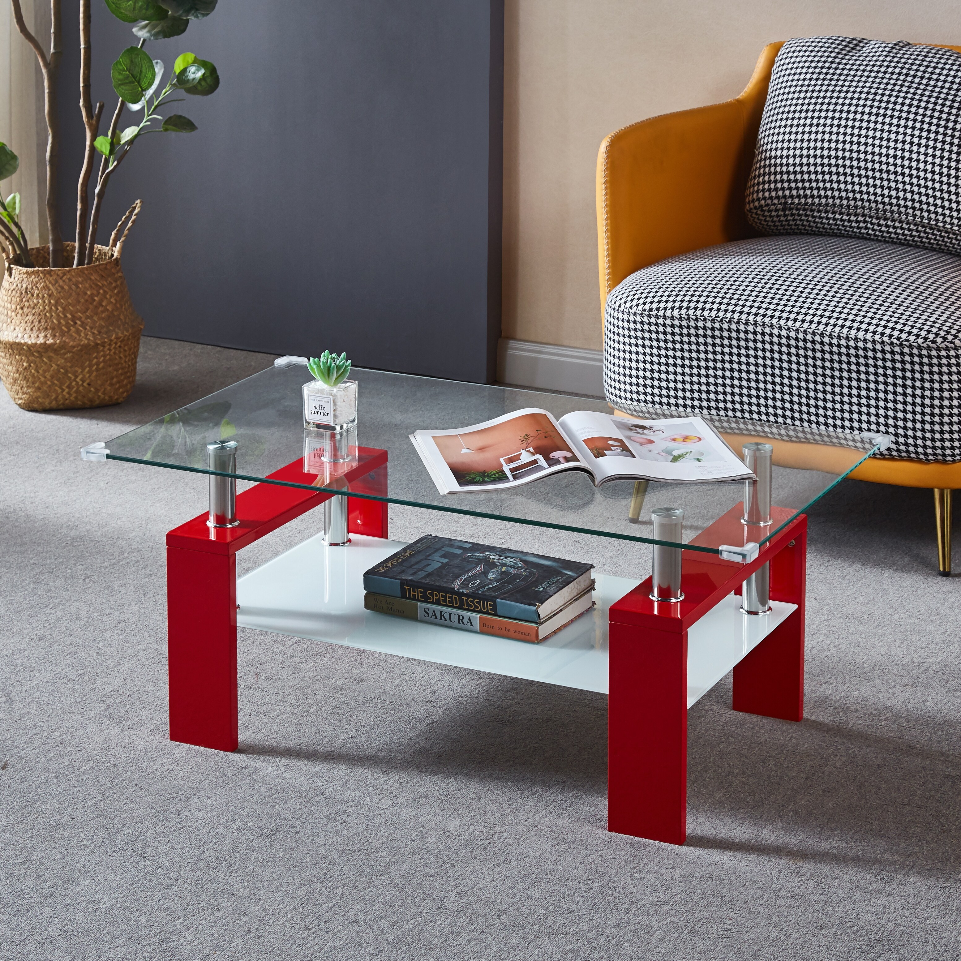 Red Double Layer Coffee Table with Storage - Mycitystee
