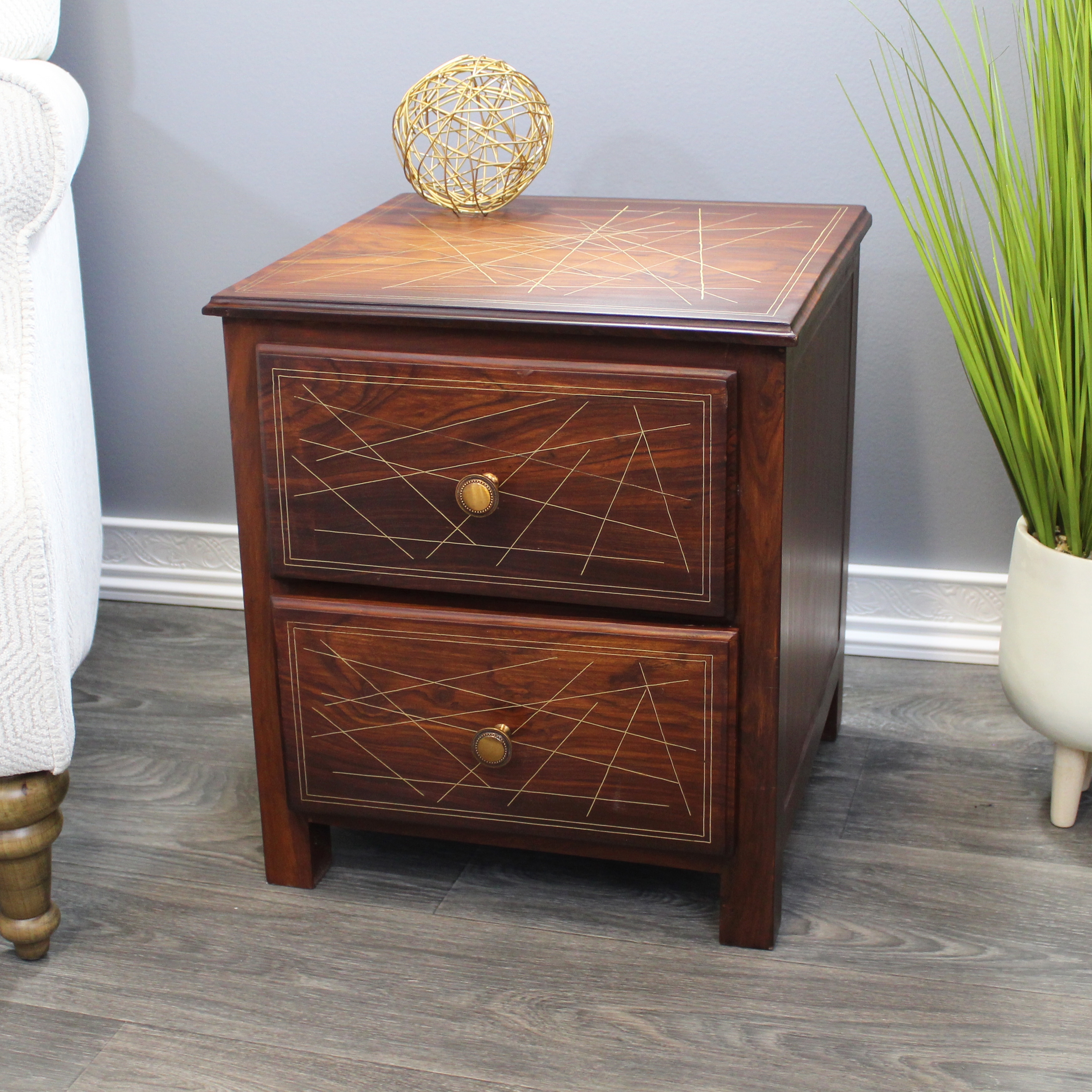 Natural Geo Rosewood Square End Table - Abstract Golden Brass Inlay - Mycitystee