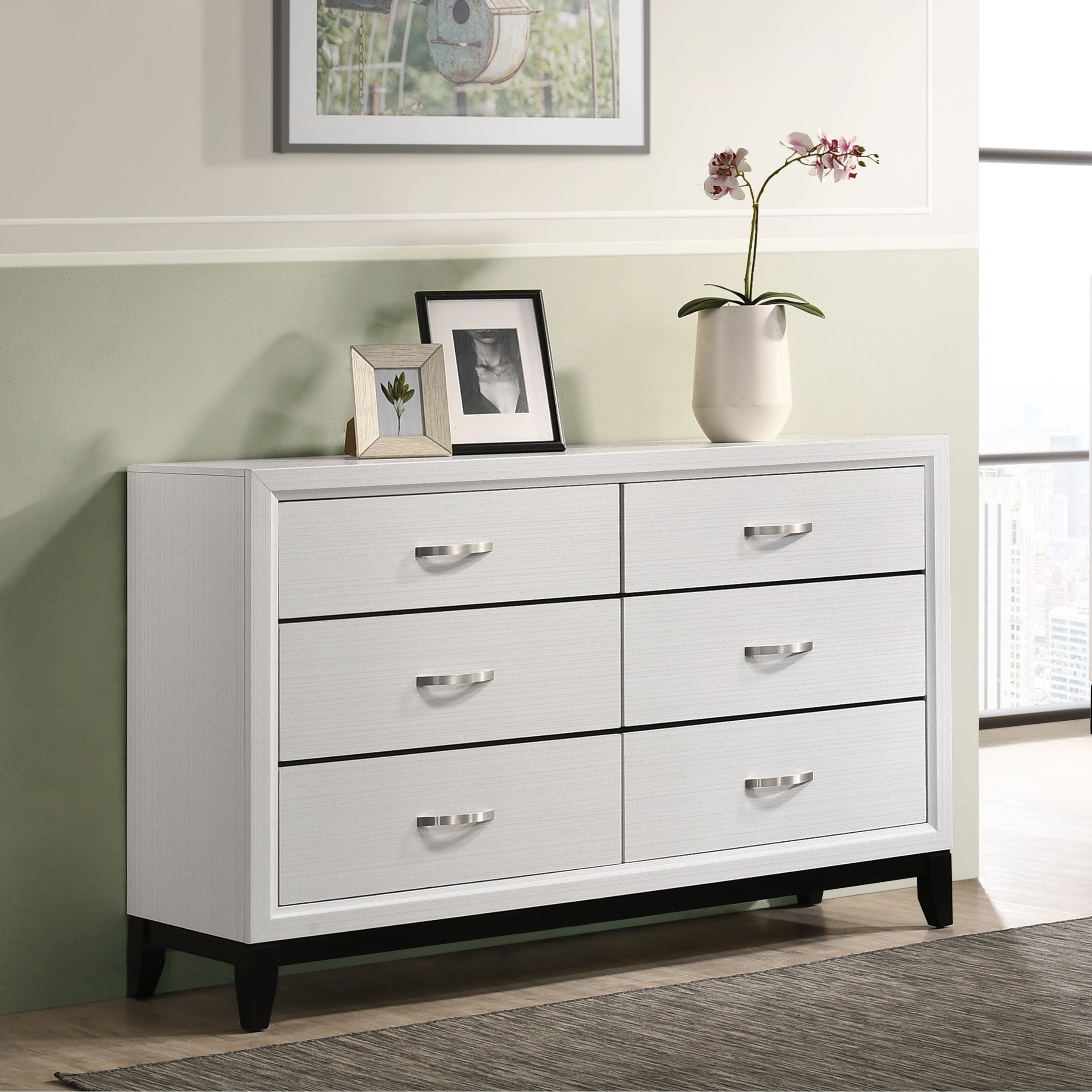 Roundhill Furniture Stout Contemporary 6-Drawer Metal Bar Pulls Wood Dresser， White - - 31640568 - Mycitystee