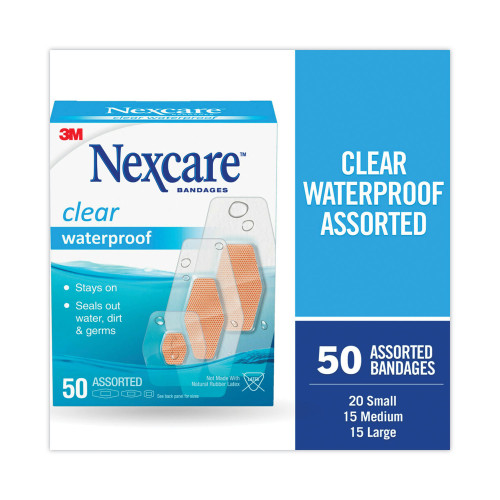 Nexcare Waterproof， Clear Bandages， Assorted Sizes， 50/Box (43250) - Mycitystee