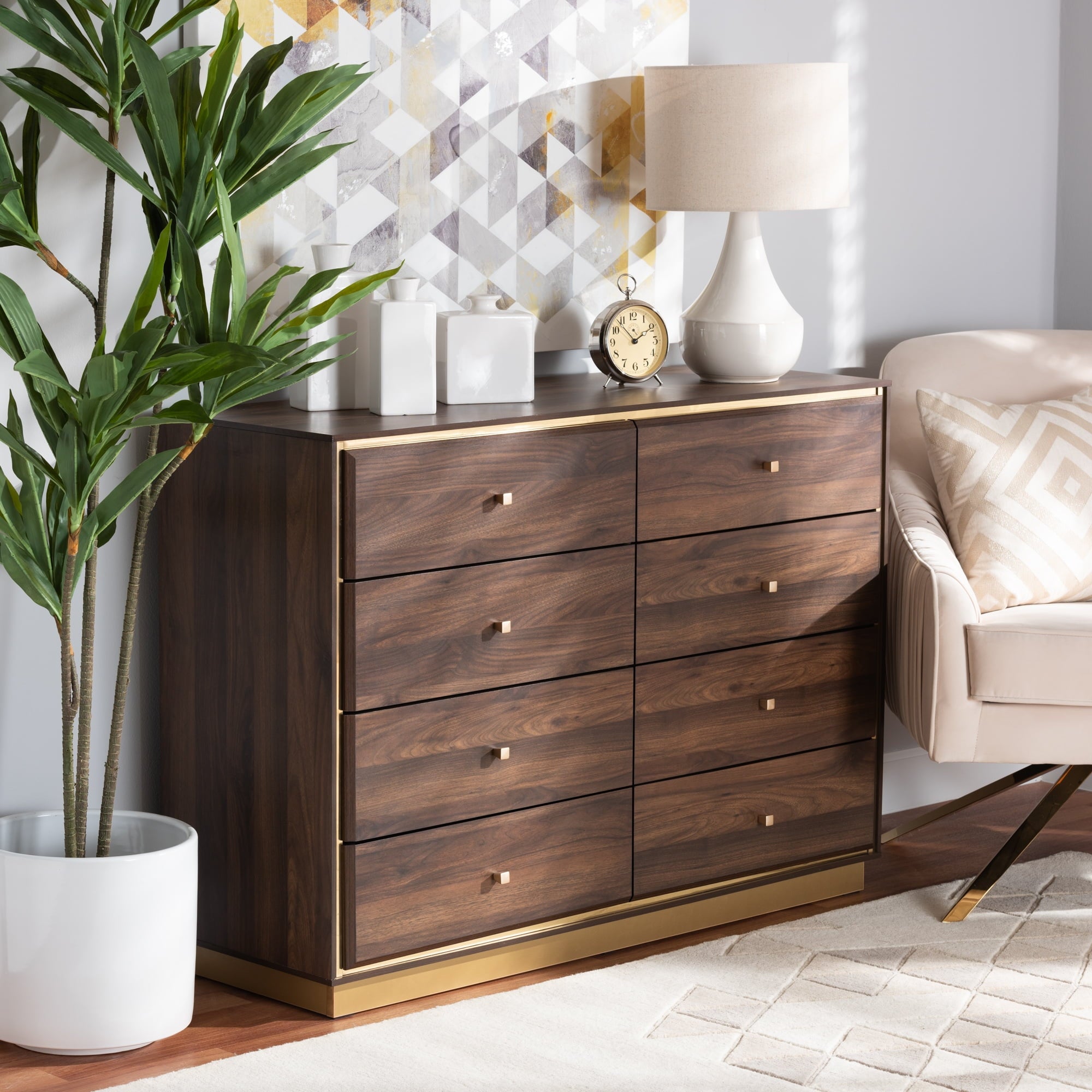 Cormac Modern and Contemporary Walnut Brown Finished Wood and Gold Metal 8-Drawer Dresser - - 37263805 - Mycitystee